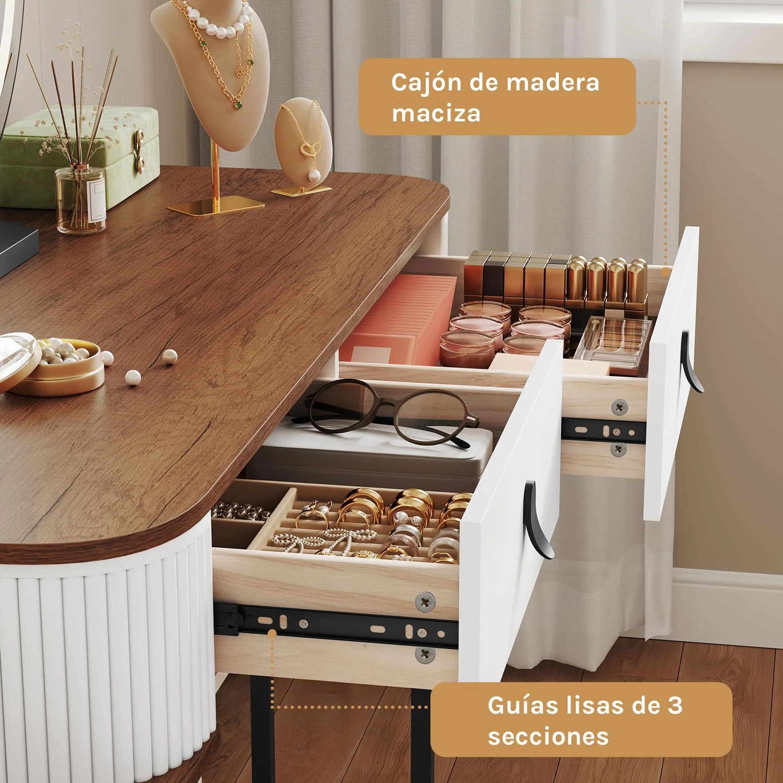 WOLTU Tocadores Maquillaje, Mesa tocador, con Espejo Redondo, Luz Regulable en 3 Niveles, Tocador con Cajonera de 5 Cajones, Marrón Naranja, MB6109hdob