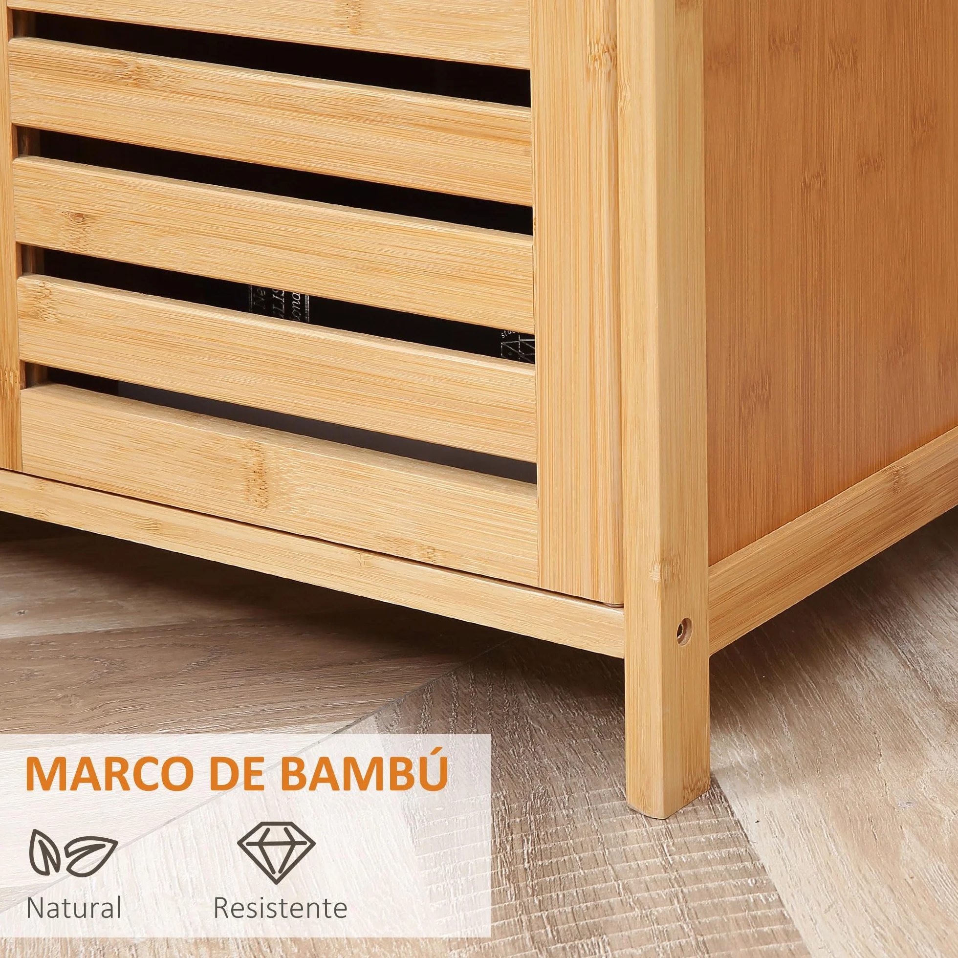 HOMCOM Aparador de 3 Puertas Ranuradas Aparador para Salón de Bambú con Estantes para Comedor Cocina Entrada Natural 100x35x82 cm