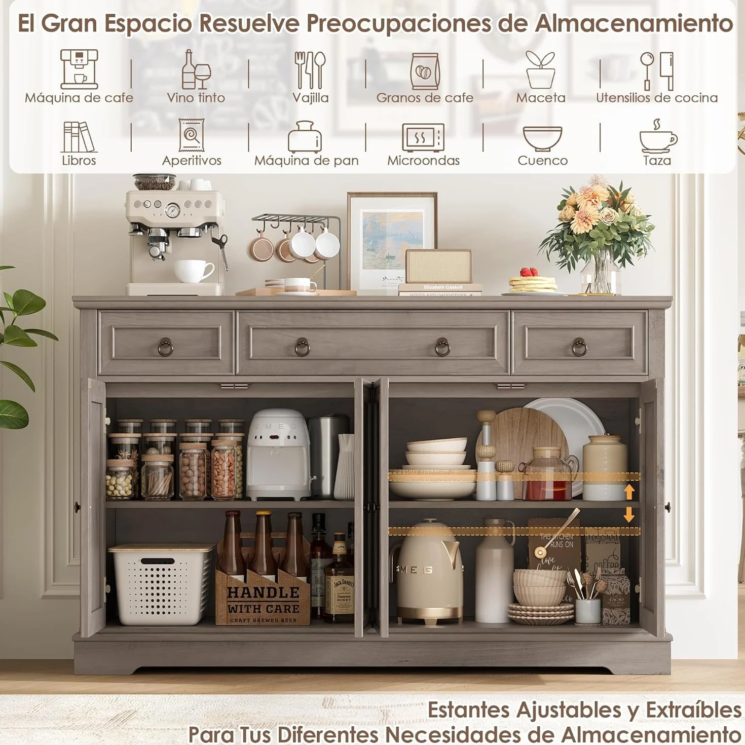 FirFurd Aparador Cocina, Armario de Almacenaje Comedor, Mueble Auxiliar de Cocina, Mueble Aparadores Salón con 3 Cajones y 4 Puertas, Estantes Ajustables 134x40x87cm Marrón