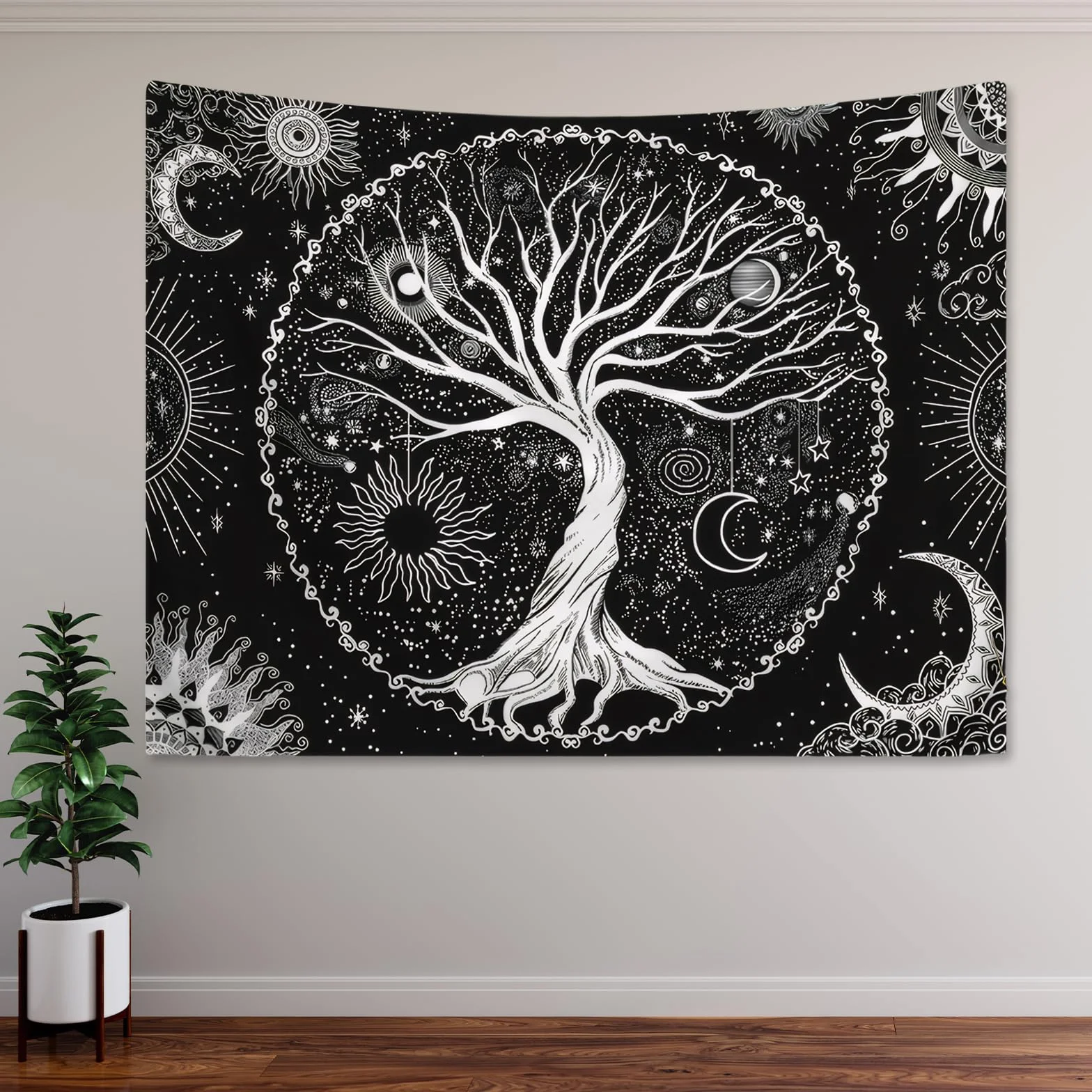 DecorDwell Tapices de Árbol de la Vida,150x130cm Tapiz Pared Fases Lunares，Tapiz de Mandala Psicodélico,Tapiz de Pared Blanco y Negro,para Habitación，Dormitorio，Salapareo Playa（ Blanco Negro