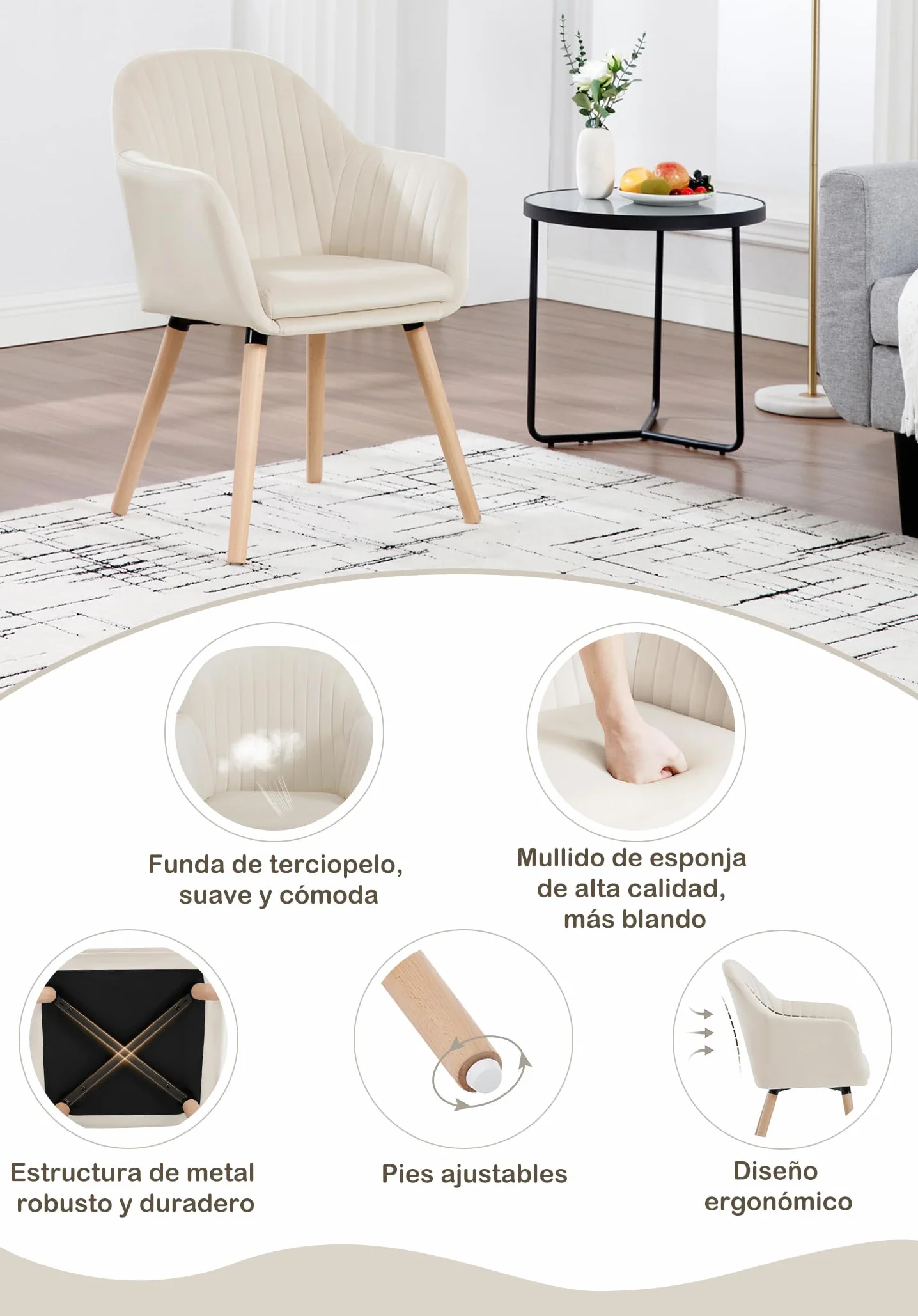 WOLTU Juego de 2 Sillas de Comedor y Cocina con Respaldo Mediano,cojín Doble de Terciopelo y Patas de Estructura de Madera,adecuadas para salón y Dormitorio,Blanco Crema
