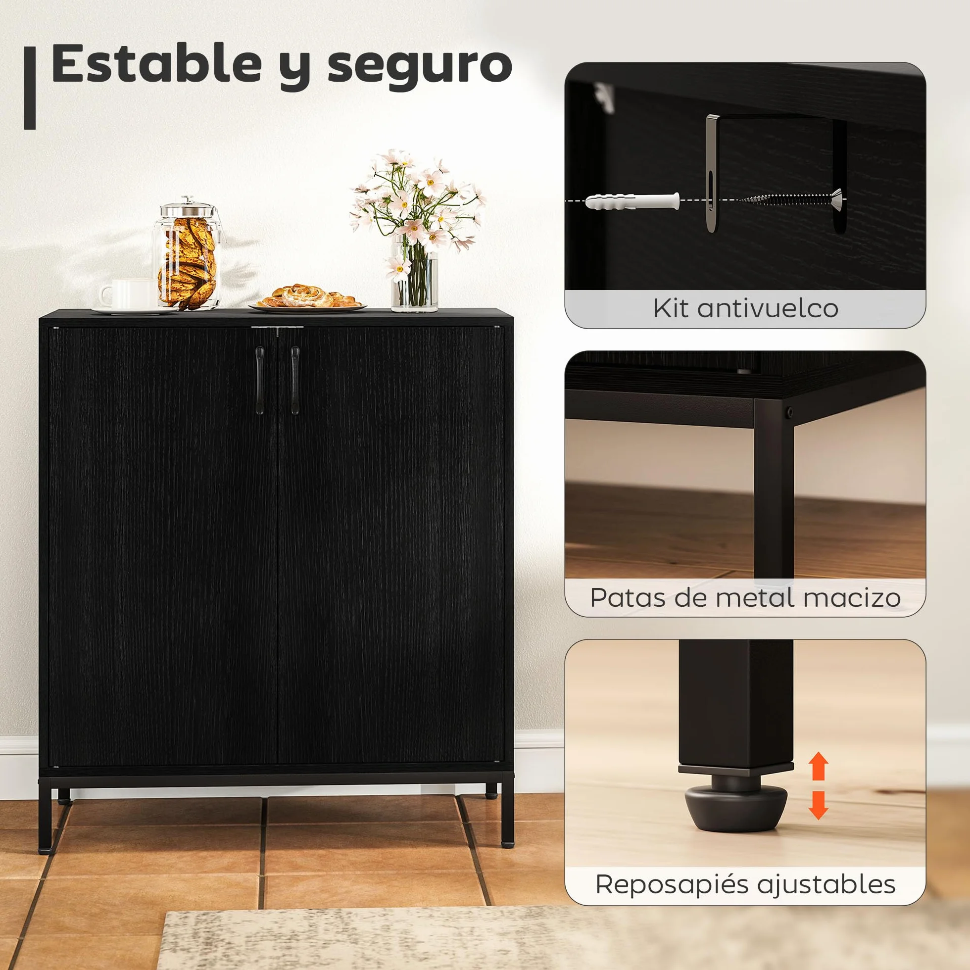 HOMCOM Aparador para Salón con 2 Puertas, Aparador de Cocina Moderno, Estante Ajustable y Base Elevada, para Comedor, Pasillo, Dormitorio, 80x40x90 cm, Negro