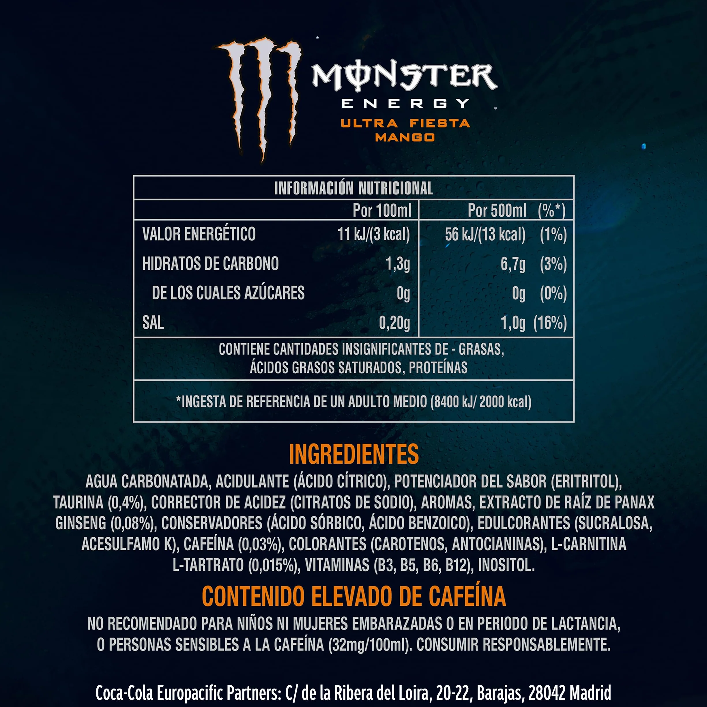 Monster Energy Ultra Fiesta Mango Bebida energética sin Azúcar Pack 12 latas 500ml