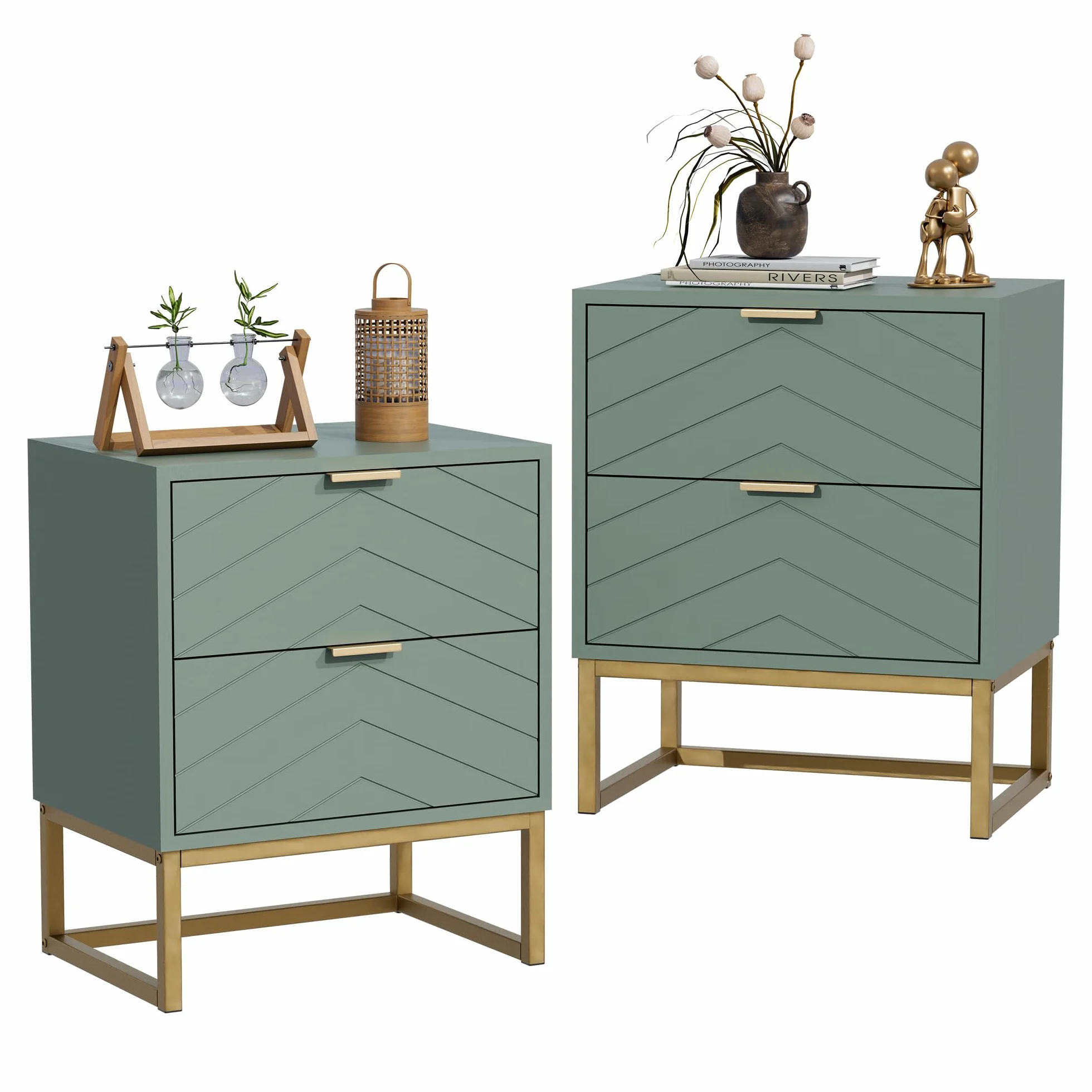 UEV Juego de 2 Mesillas de Noche con Diseño en V, Muebles de Dormitorio con Asas y Patas de Metal, Mesilla de Noche Moderna y Estable, 46 x 33,5 x 56,5 cm, Verde
