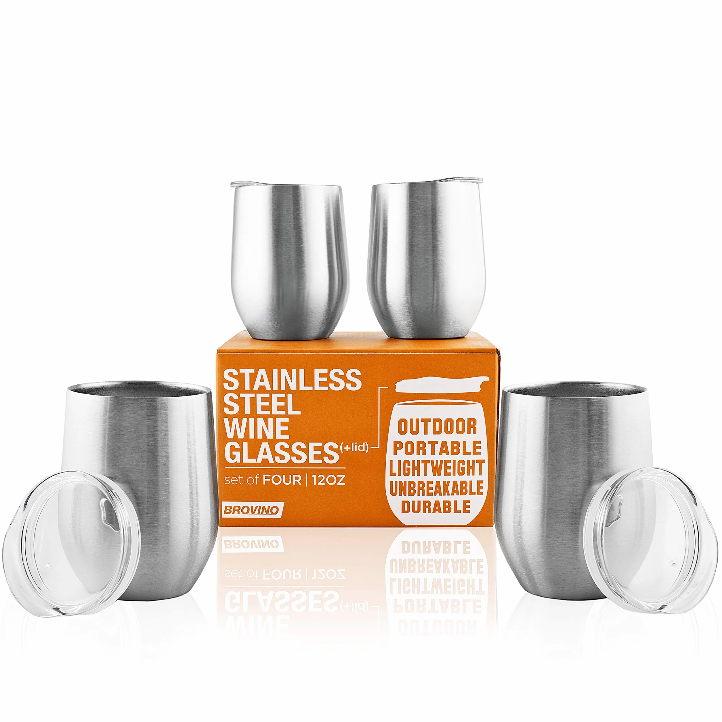 Vasos de vino de acero inoxidable con tapa (juego de 4), 350 ml, doble pared, aislado al vacío, vasos de vino para exteriores, 100% irrompible y sin pie. Juego de bebidas para: vino, café, agua.