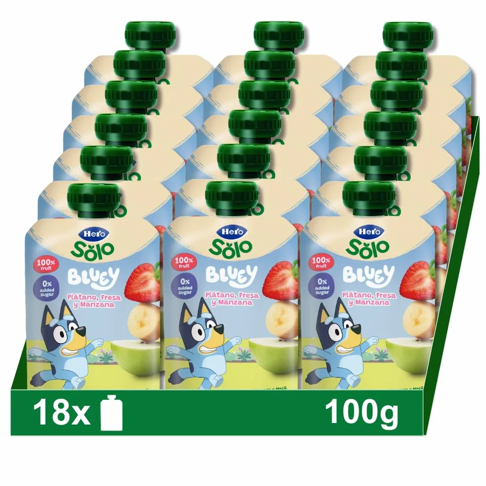 Hero Solo Bolsitas con Plátano Fresa y Manzana para Bebés 6 Meses Pack 18 x 100 g