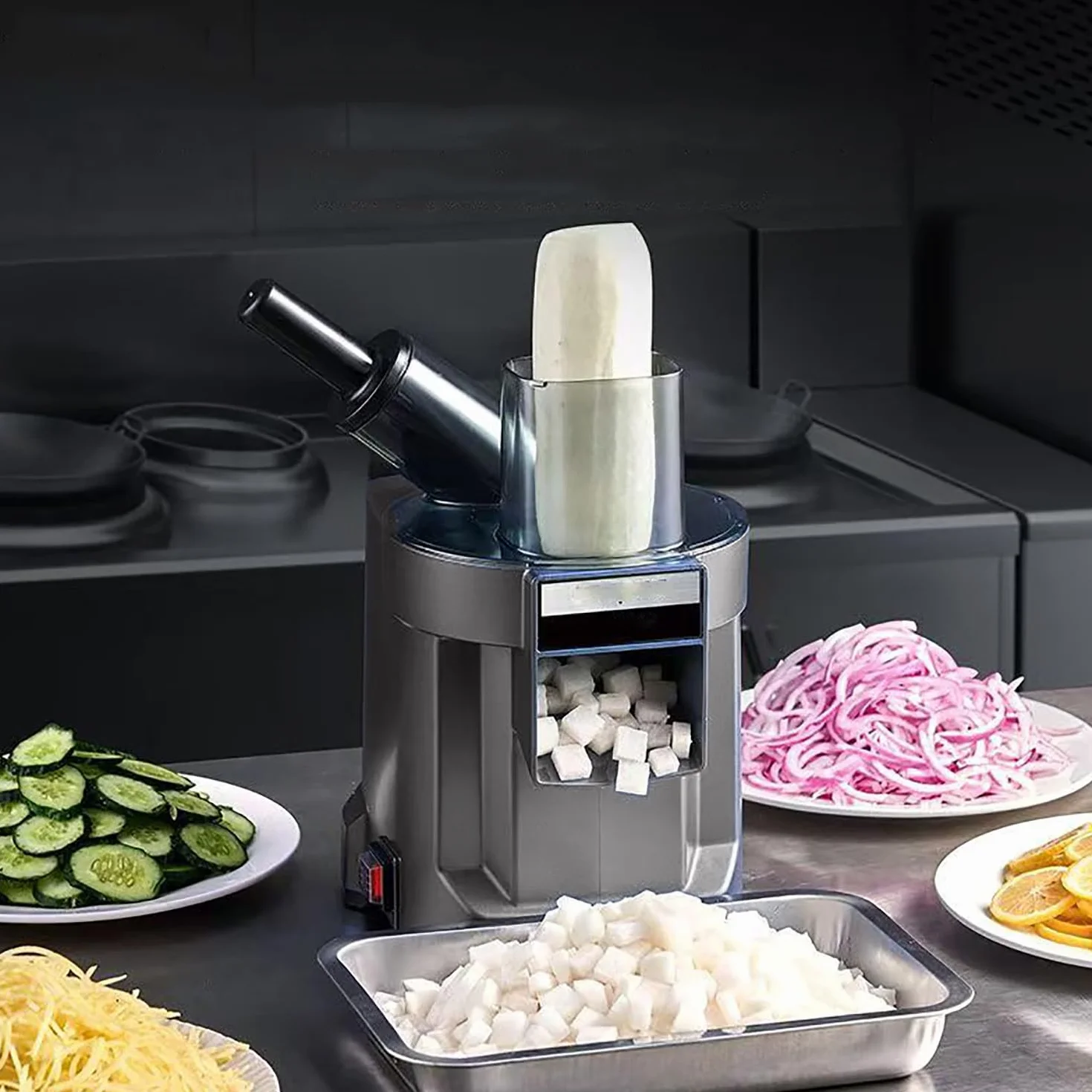 Cortador de Verduras eléctrico 4 en 1 de Uso Profesional, picadora eléctrica de Alimentos Resistente con rebanar, Cortar en Dados, rallar y Cortador de Patatas, Doble Entrada XL