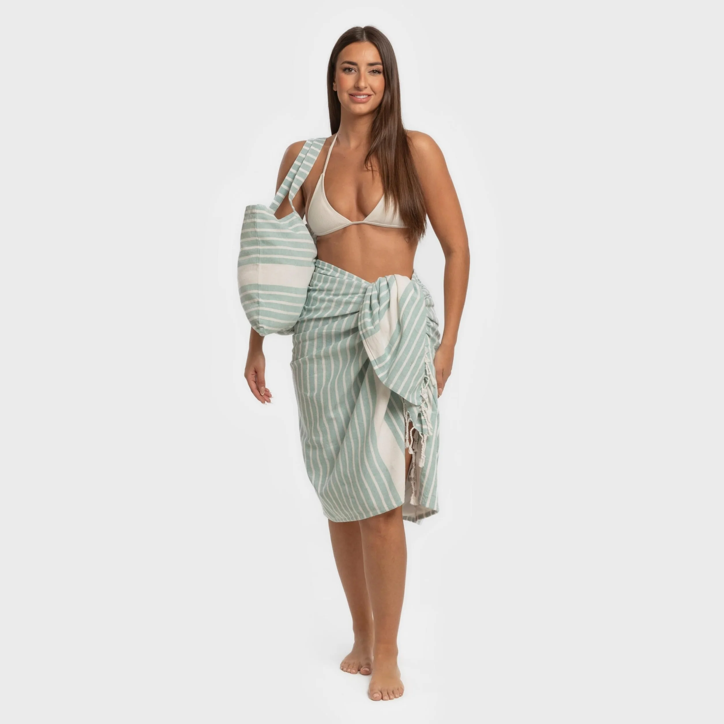 TRAMAS+ Set Toalla Pareo y Bolso a Juego, Toalla de Playa, Raya Algodón Agua Marina