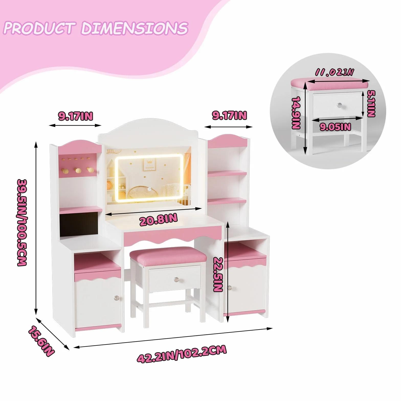 MSFE 2 en 1 Tocador Niña con Espejo y Luces,Mesa de Maquillaje con Taburete y Armario de Almacenamiento,Tocador de Princesa con Estantes y Soporte para Joyas,Tocador de Maquillaje para Niñas
