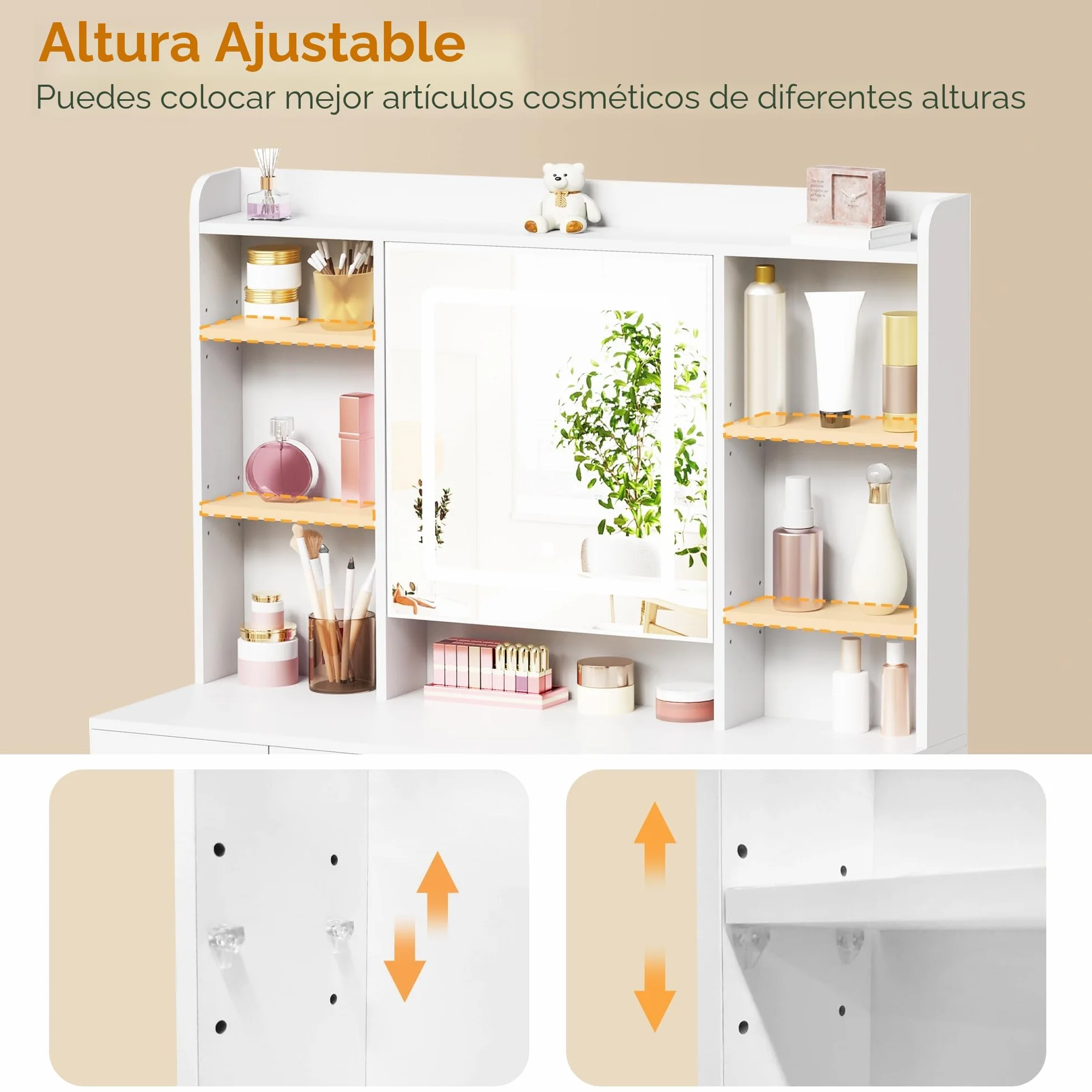 BEWISHOME Tocador de Maquillaje con Espejo LED, Brillo Ajustable, Mesa con Enchufes y Taburete, 9 Cajones, Blanco EFST36W