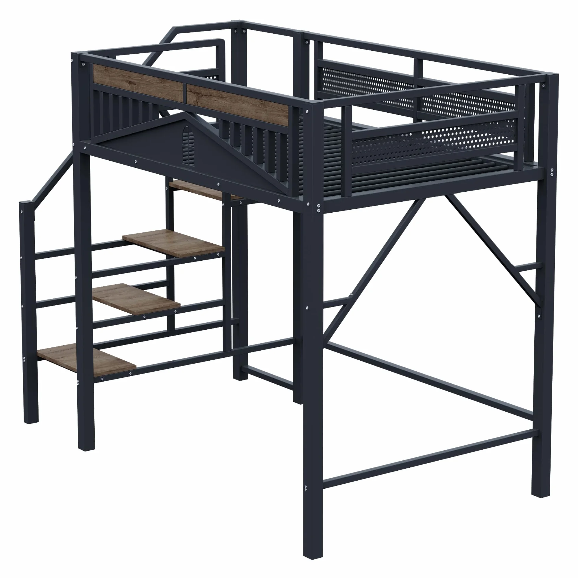 SACOOL Cama alta de metal de 140 x 200 cm, forma de carcasa única con diseño de ventana, con escalera de seguridad, mucho espacio debajo de la cama, color negro