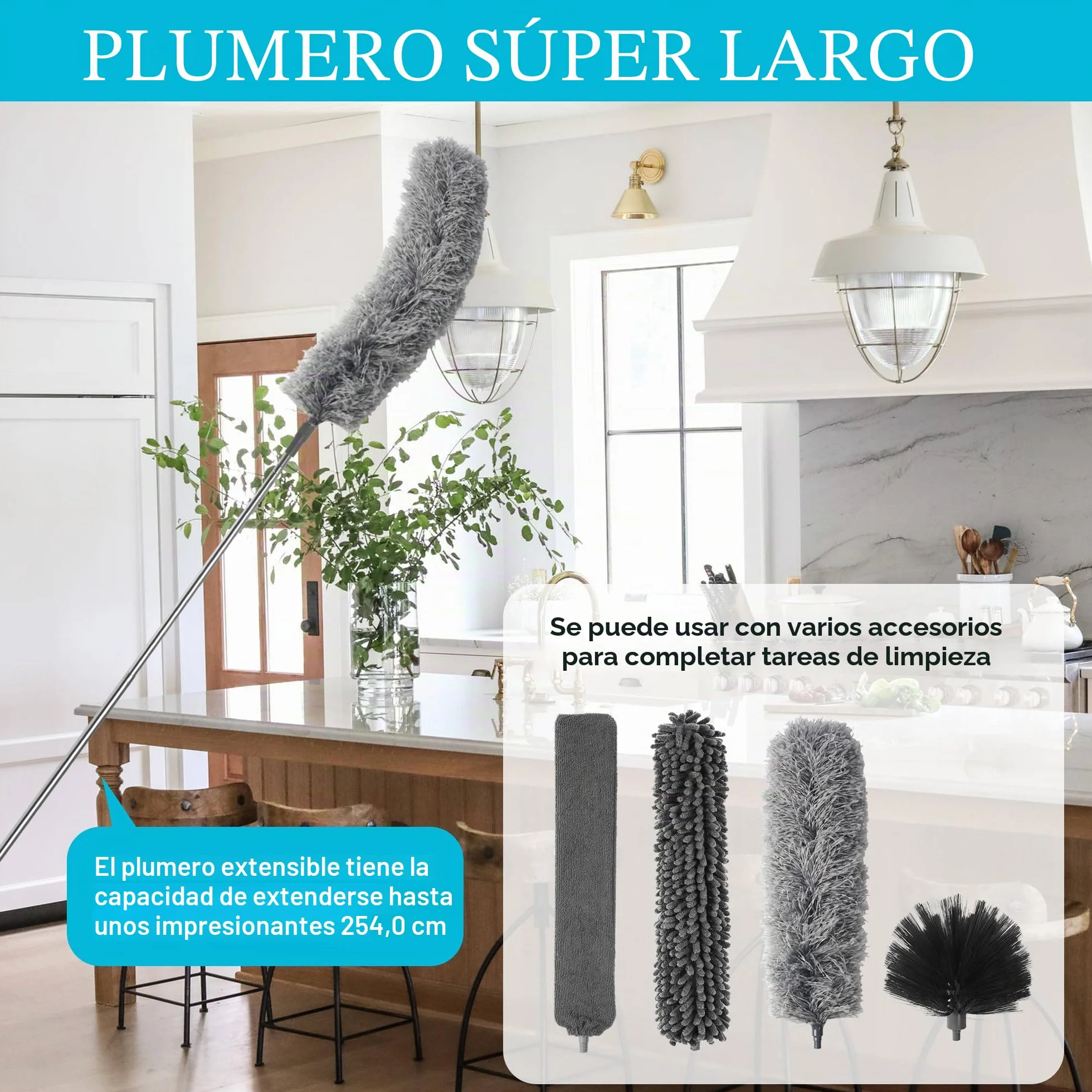 Plumero Telescópico Microfibra Extensible 2,5m, Limpiador de Polvo Retráctil, 9 Piezas