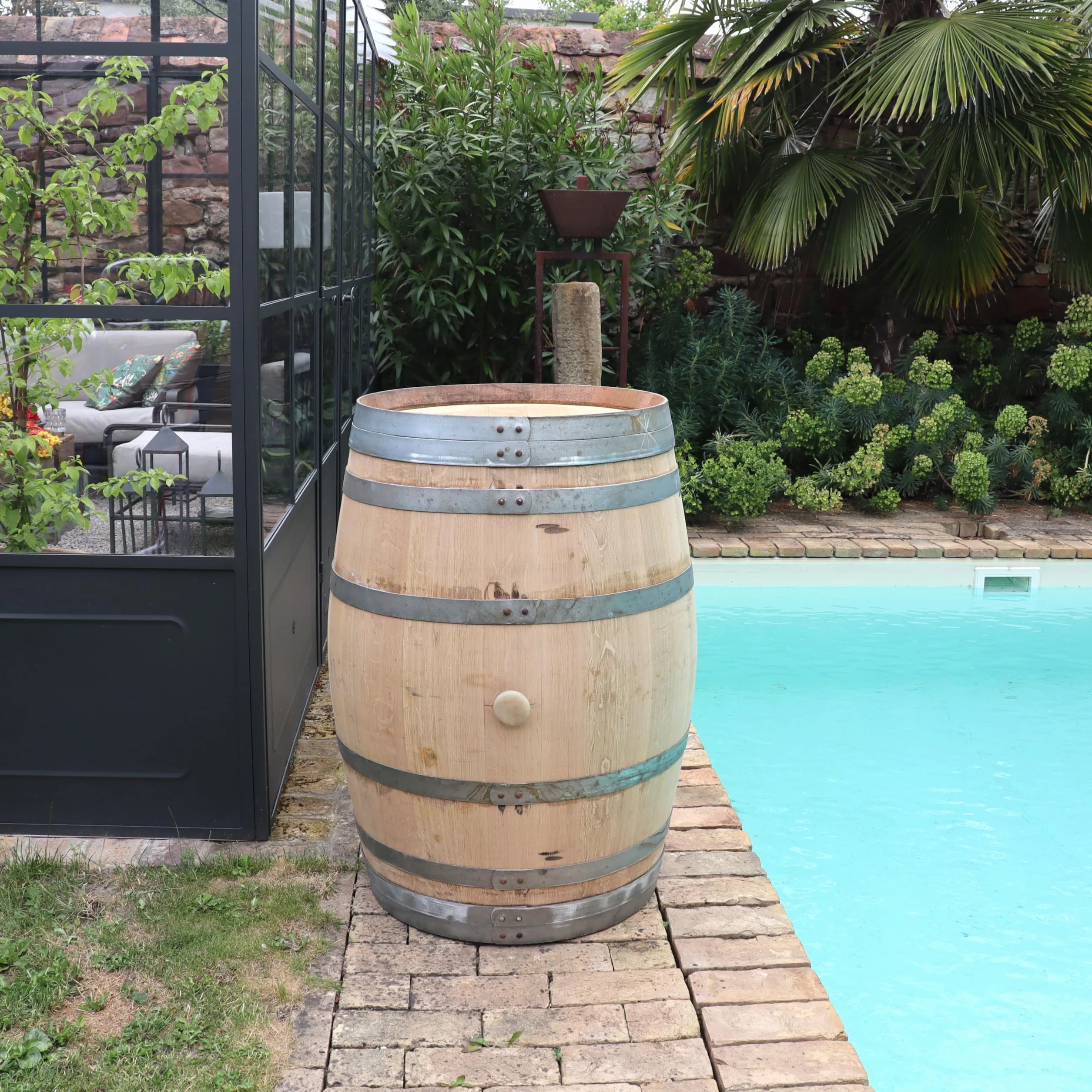 Barrica de vino auténtica de roble para decoración de jardín, de 225 litros