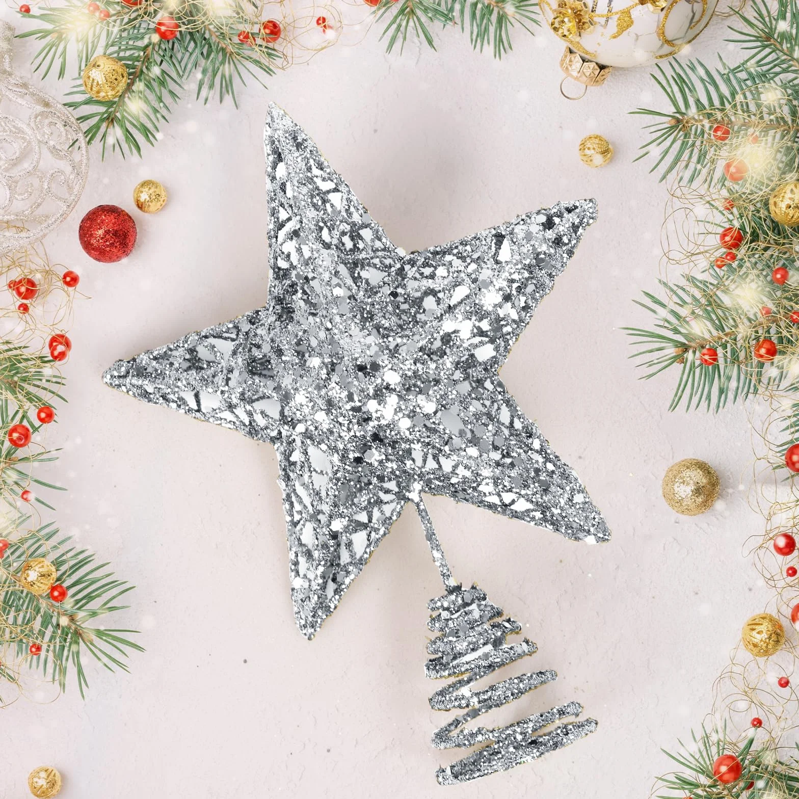 Estrella Plateada Metálica con Purpurina 3D para Árbol de Navidad 20x15 cm