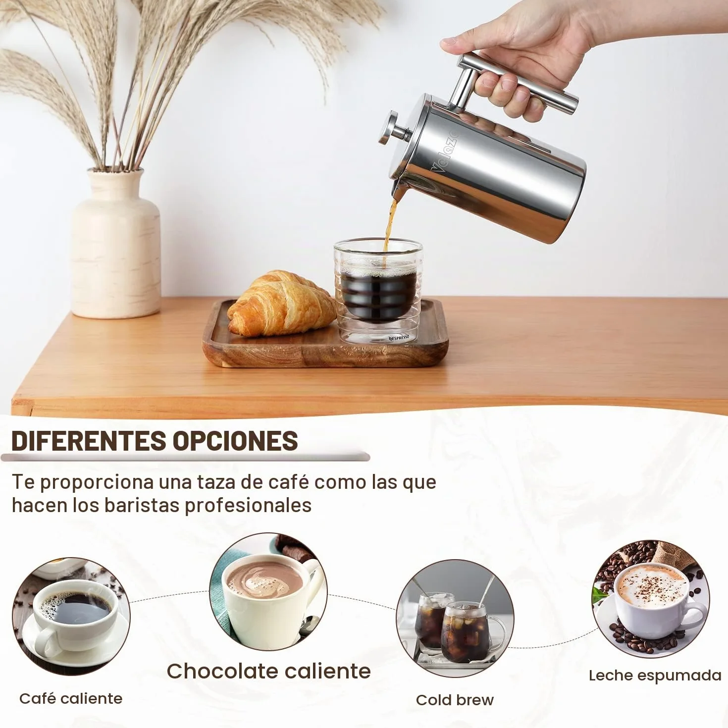 Velaze - Cafetera de émbolo (acero inoxidable, 350 ml, para 2 tazas, doble pared, cafetera, con 5 flitros y cuchara-S