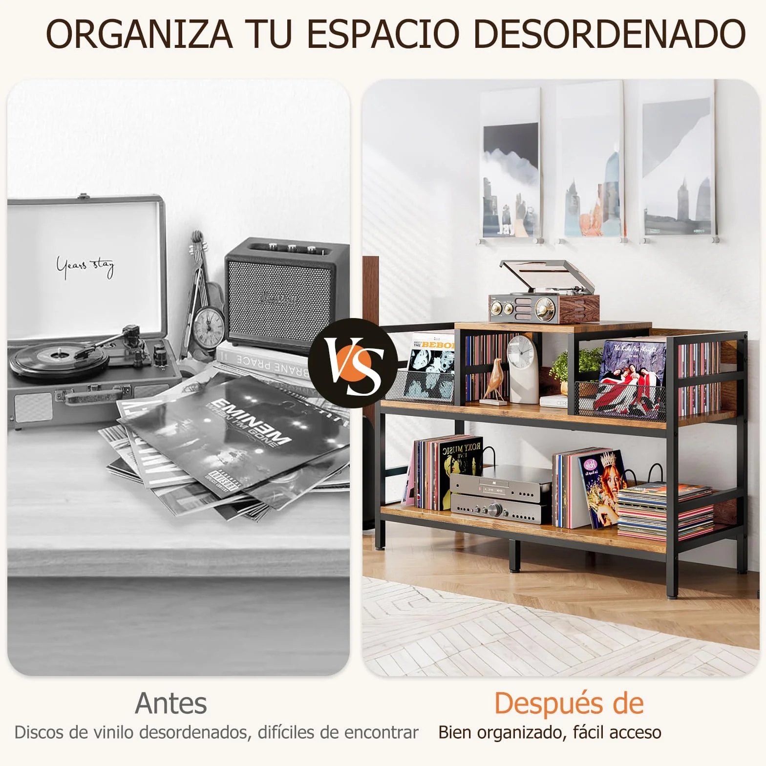 Mueble para Tocadiscos con Almacenamiento de Vinilos, Estantería Retro 3 Niveles, Capacidad 350 LPs, 116.5×37×77.5cm