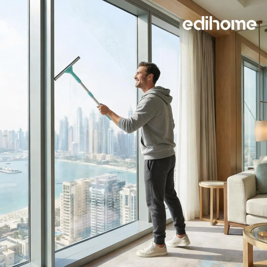 edihome, Limpia Cristales Telescópico Extensible con Longitud hasta 160 cm, Limpiacristales con 2 Cabezales, Rasqueta Tipo Escobilla de Silicona para Ventanas, Ducha y Espejo (Set Completo)