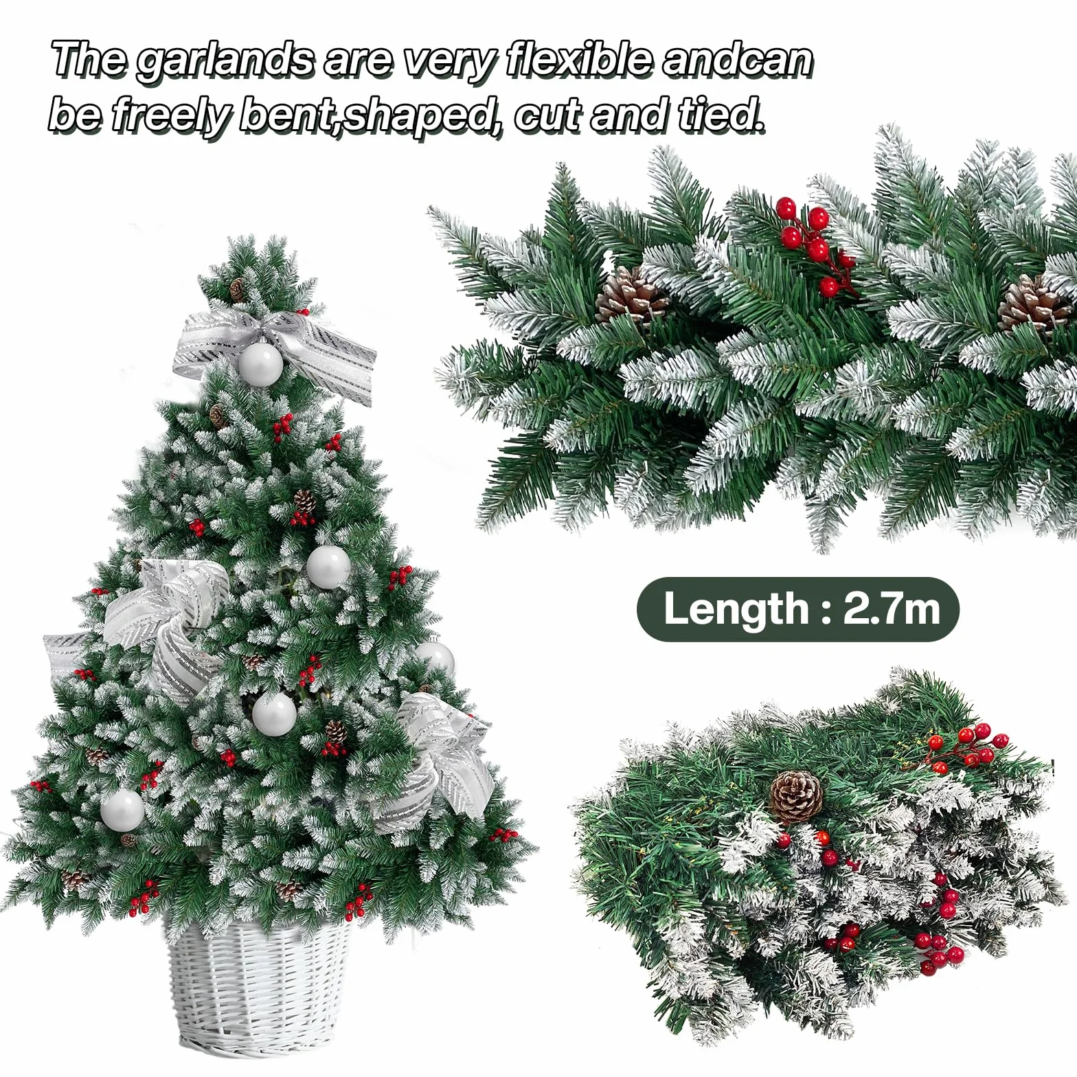 DATEFUN Guirnalda de Navidad Artificial, 2.7m PVC Guirnalda de Abeto Guirnalda de Pino con Piñas, Navidad Decoradas al Aire Libre de Interior para la Fiesta de Navidad Chimenea Escalera (270 Puntas)