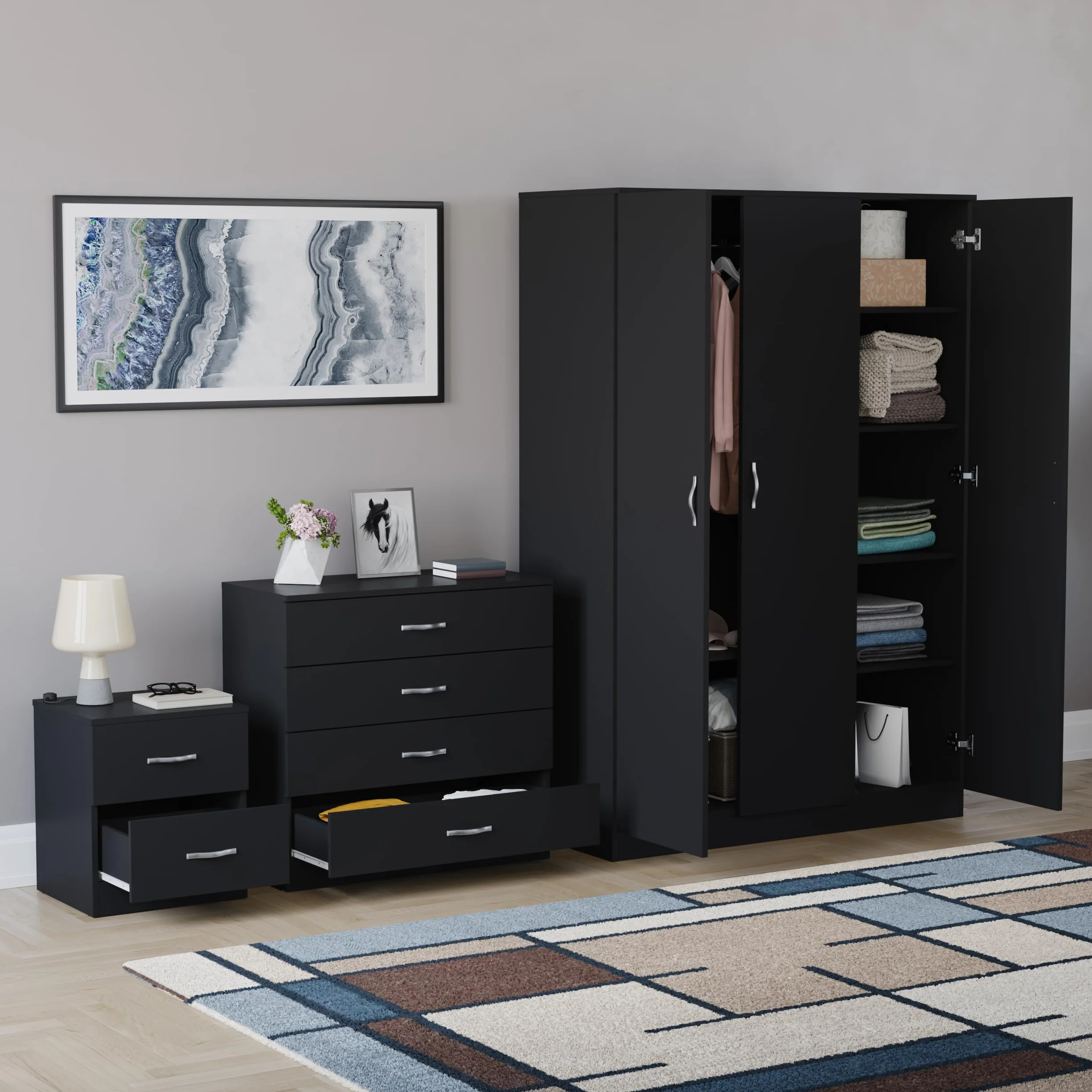 Vida Designs Riano - Juego de dormitorio de 3 piezas (mesita de noche de 2 cajones, cómoda de 4 cajones, armario de 3 puertas), color negro (5)