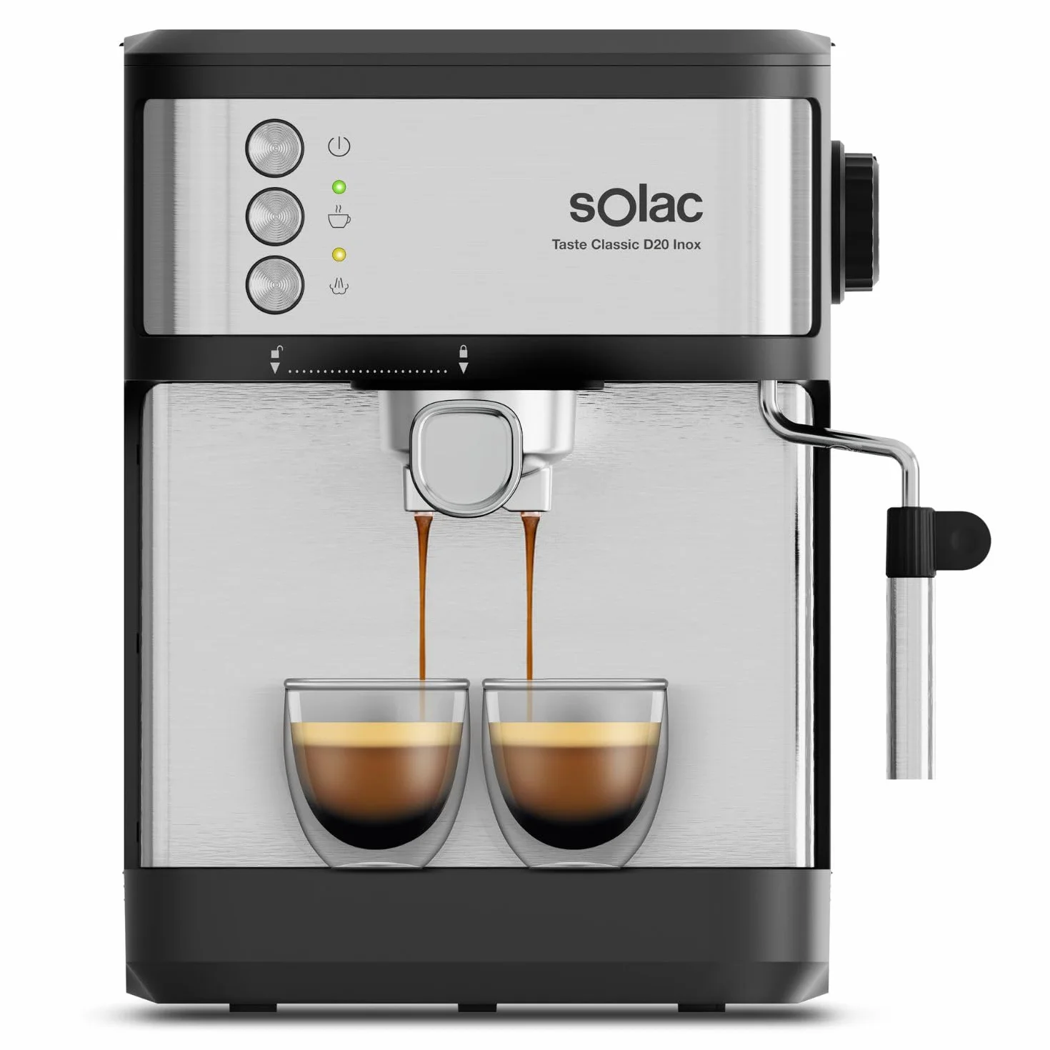Solac – Cafetera Espresso Taste Classic | 850W | Presión 20 bares | Depósito 1,8L | Brazo 1 y 2 salidas | Vaporizador | Superficie Calienta tazas | Apagado automático