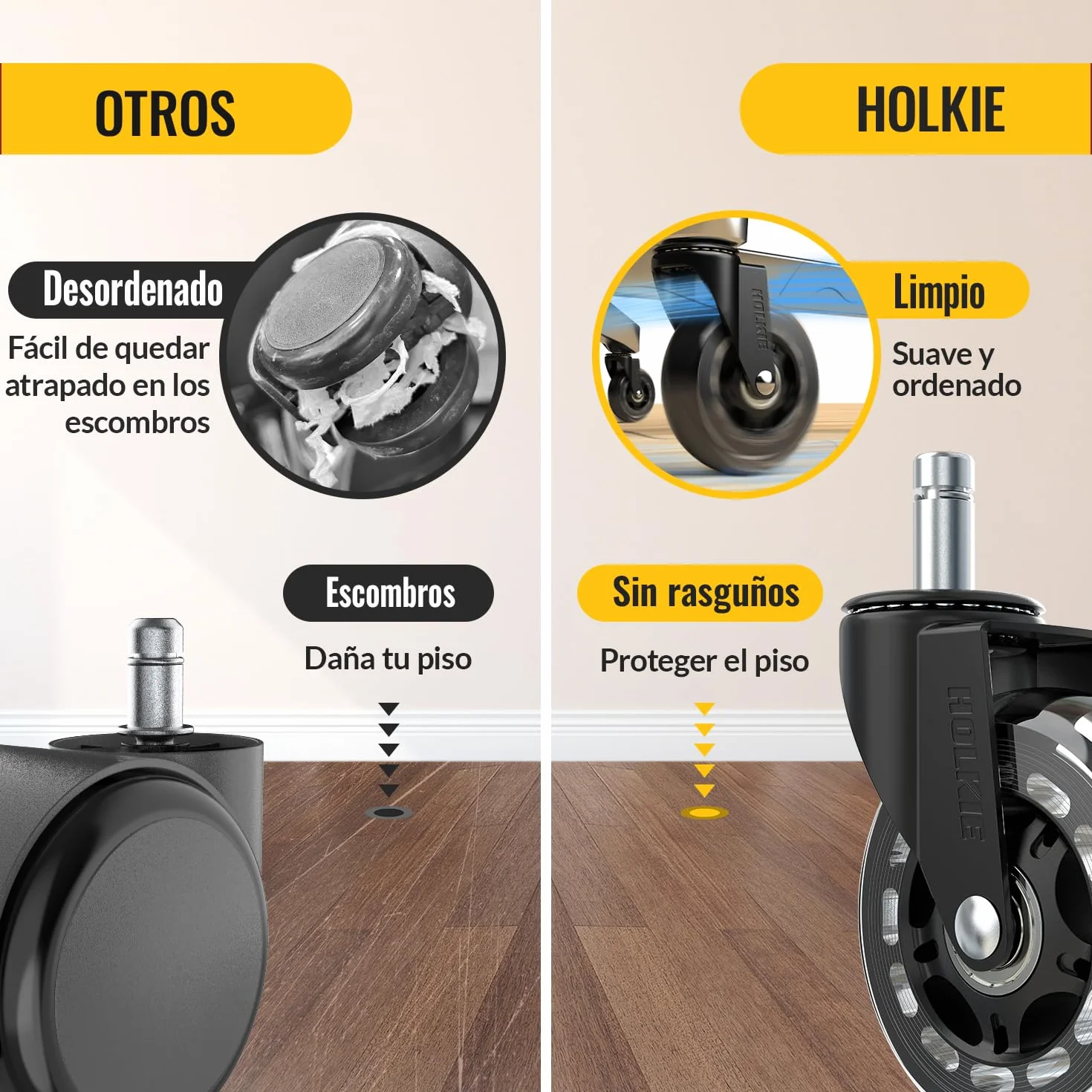 Ruedas para Silla Oficina Set de 5 - Ruedas para Muebles 11mm Suelo Madera y Alfombra - Reemplazo Silla Oficina Goma Silencioso