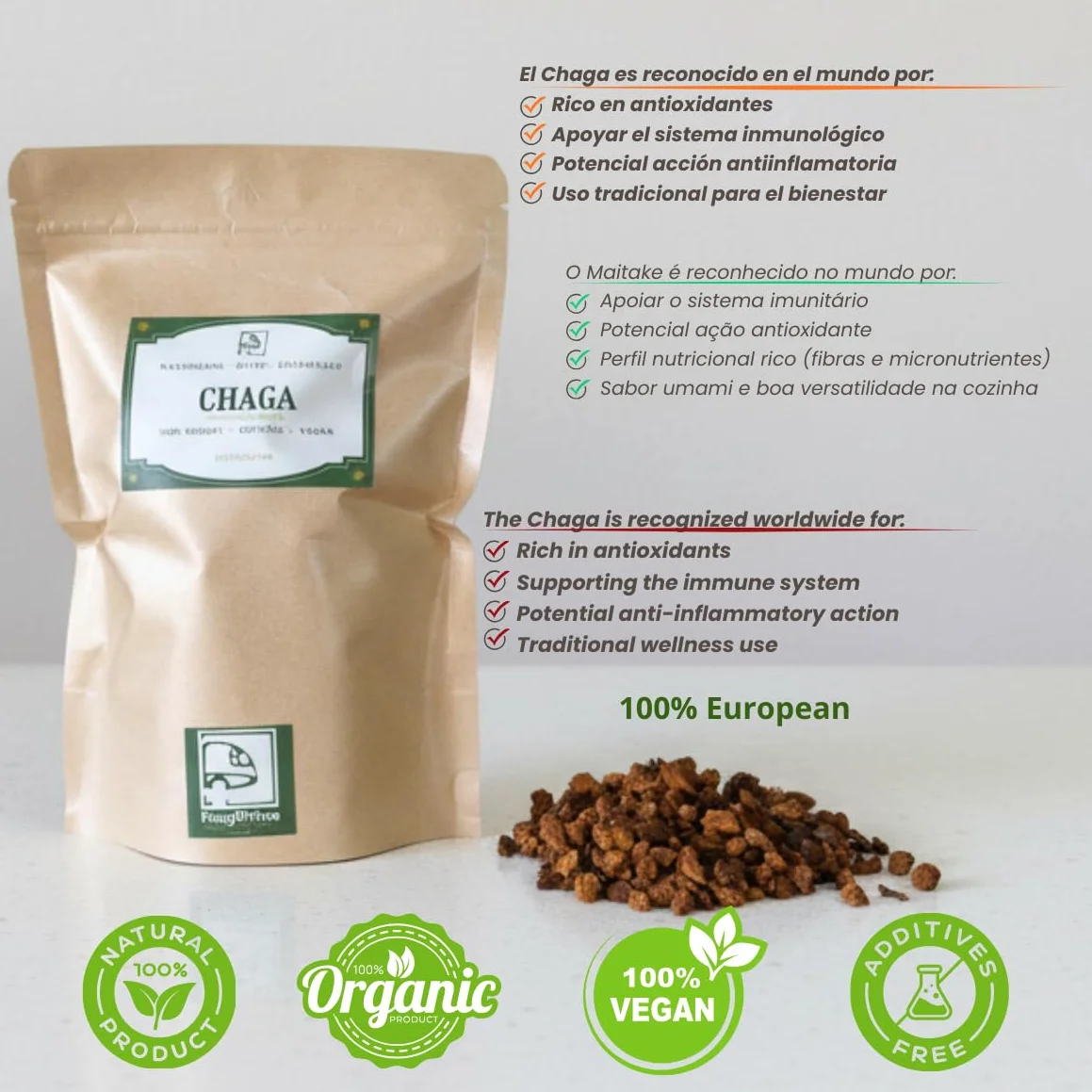 Chaga Deshidratado Premium 75 g Inonotus obliquus antioxidante natural para café té e infusiones