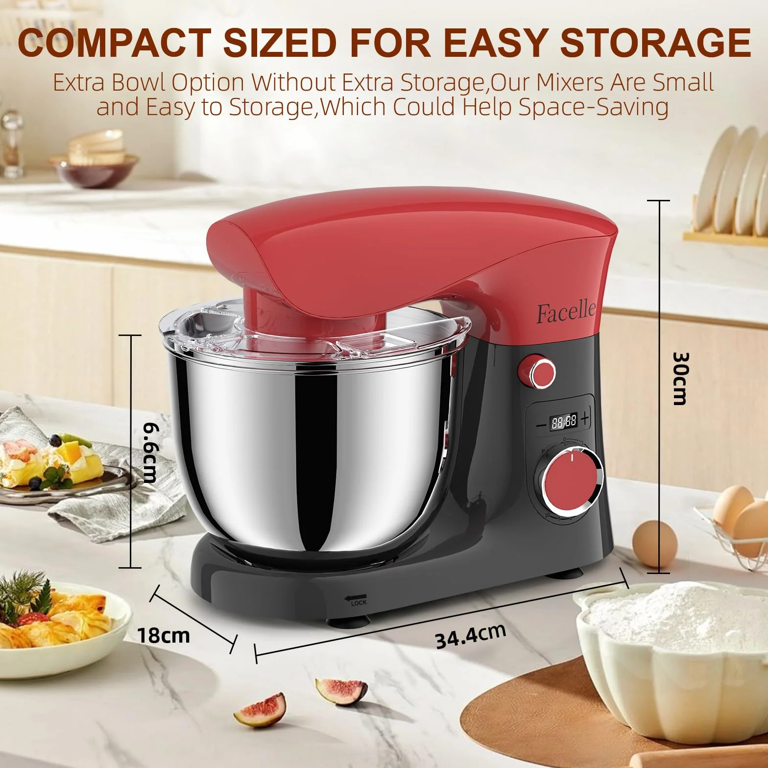 Batidora Amasadora Reposteria 1500 W, Facelle 5,5L & 4,5L Amasadora de Pan Multifunción, 10+P Robot de Cocina Amasador con Batidor, Batidor Plano, Gancho Para Masa y Protector Contra Salpicaduras