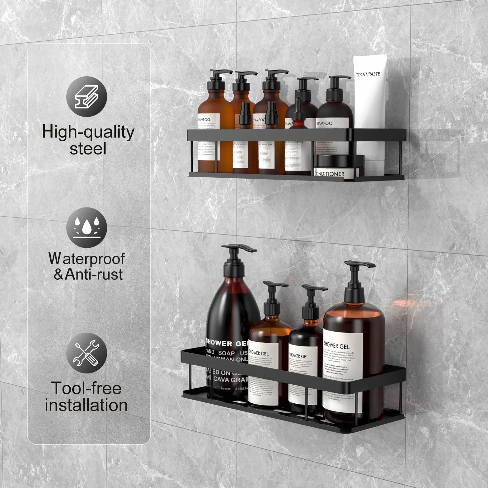 Estantería Baño 2 Piezas Resistente Agua Óxido Sin Taladro Organizador Ducha Champú Gel Negro