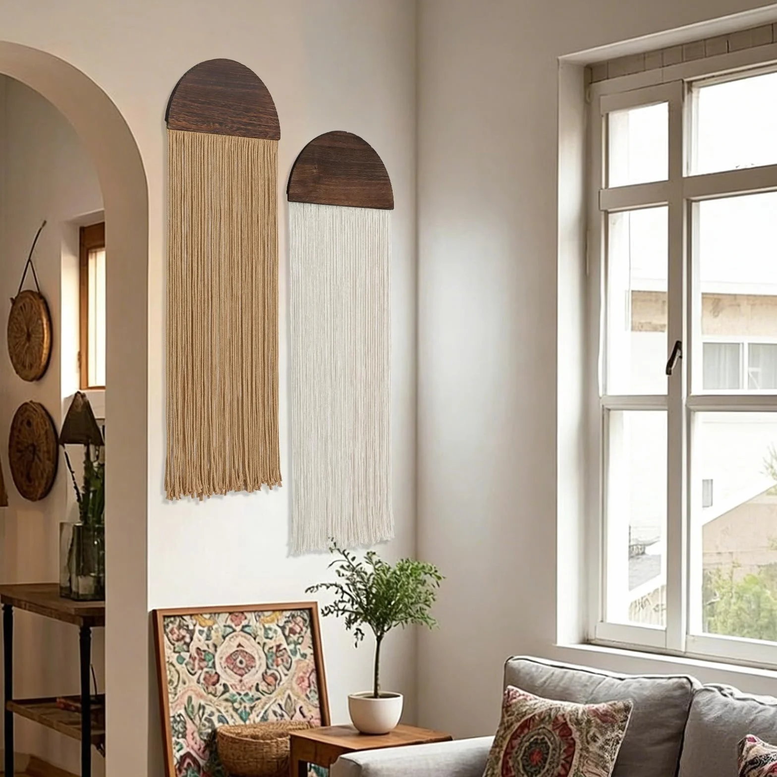 Betylifoy 2 Piezas Tapiz Decorativo Pared Tapices de Pared Verde Semicircular Tapiz con Flecos Tapiz para Colgar Boho Tapiz de Macramé Decoracion Pared Salon y Dormitorio 85 x 30cm (Beige y Caqui)