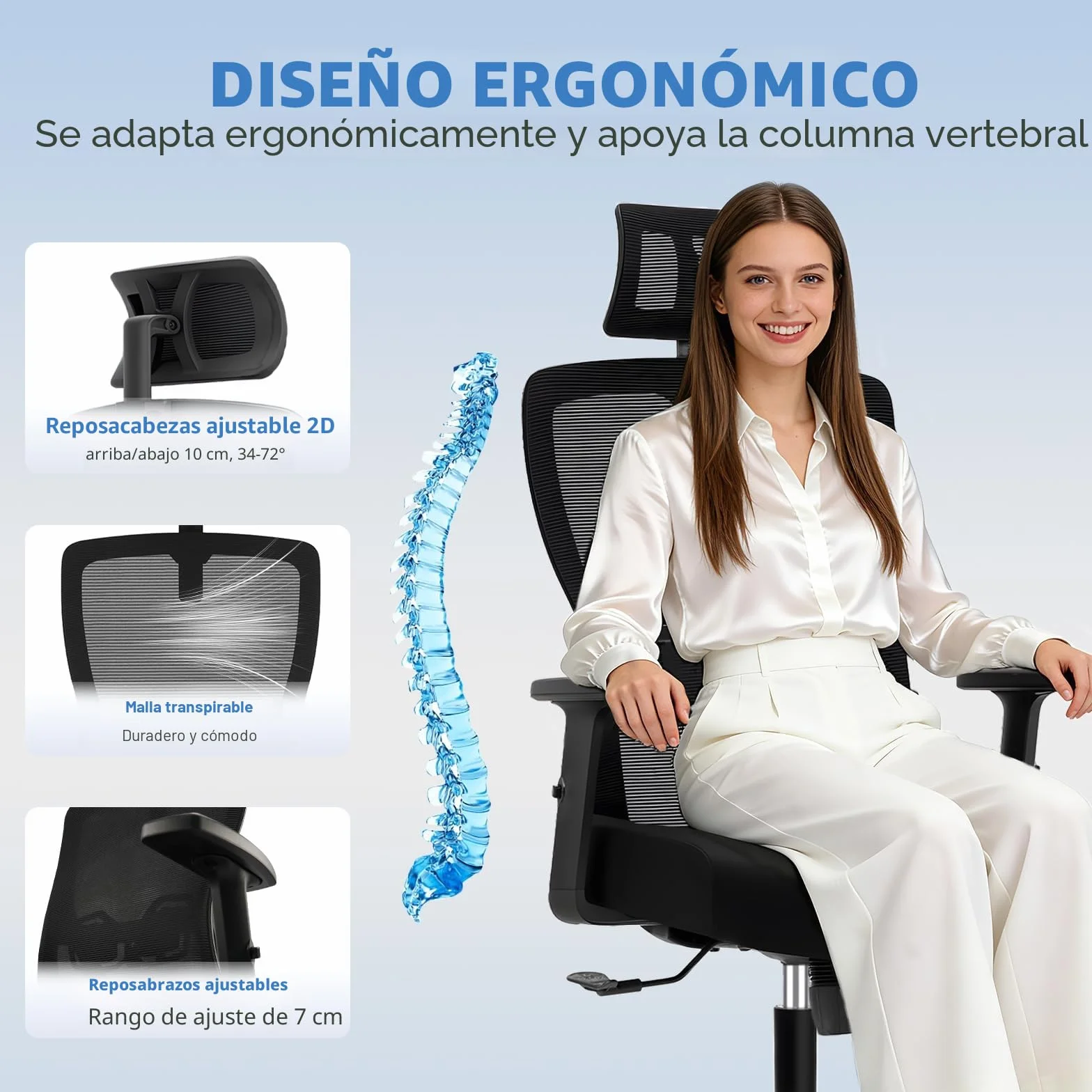 Durrafy Silla Oficina Ergonómica,Silla Escritorio con reposacabezas Ajustable,Reposabrazos, Soporte Lumbar, Altura Regulable y oscilación de 120°, Silla de Oficina Capacidad de Peso 150kg