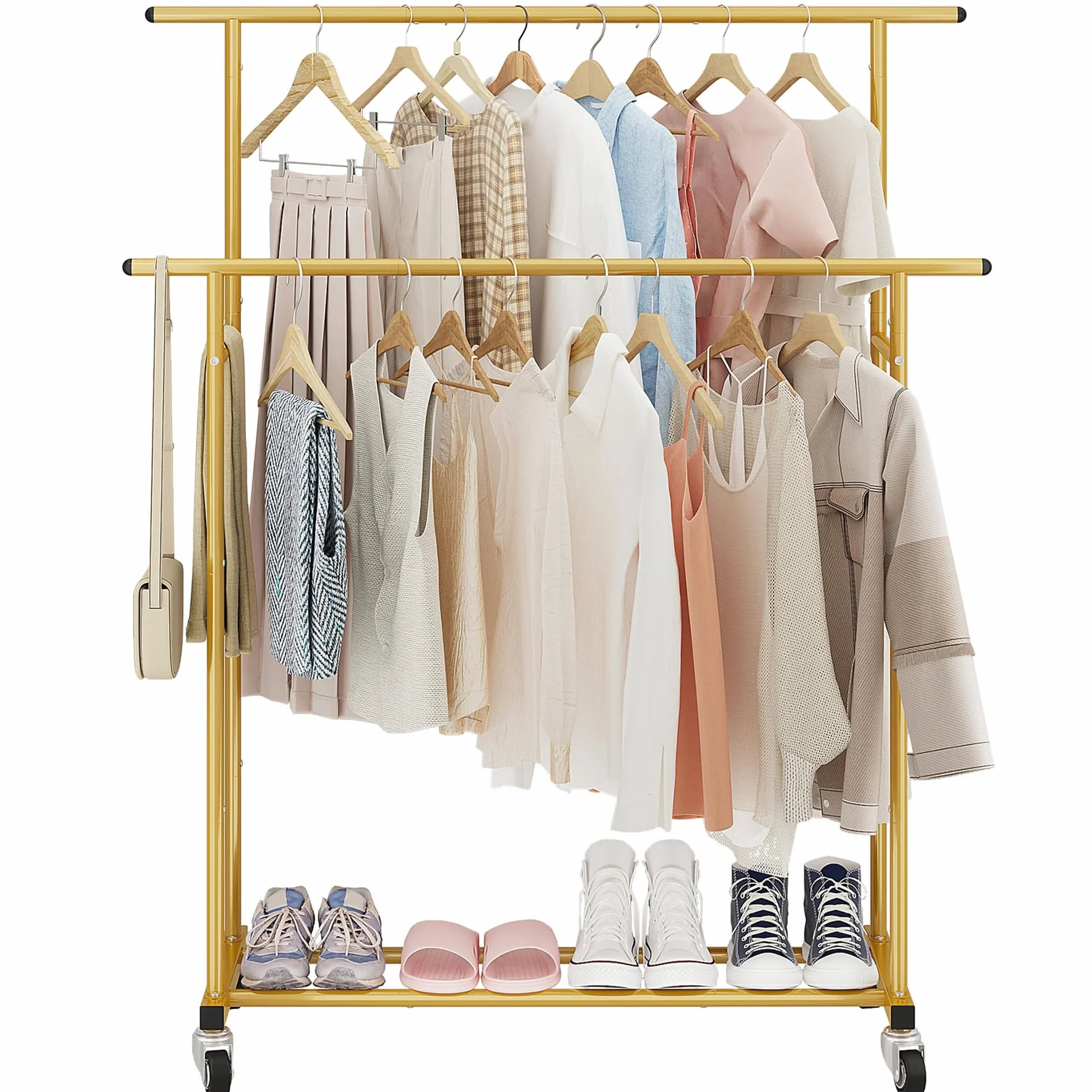 Calmootey Perchero de ropa de doble barra, estante colgante rodante, organizador de ropa portátil para dormitorio, sala de estar, tienda de ropa, dorado