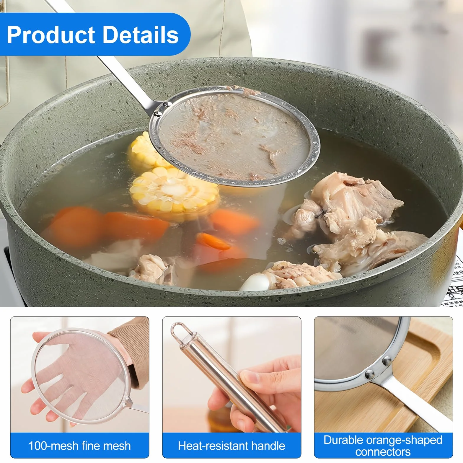 Colador de Malla Fina de Acero Inoxidable 10 cm, Espumadera de Cocina con Mango Extrafino para Separar Espuma y Grasa