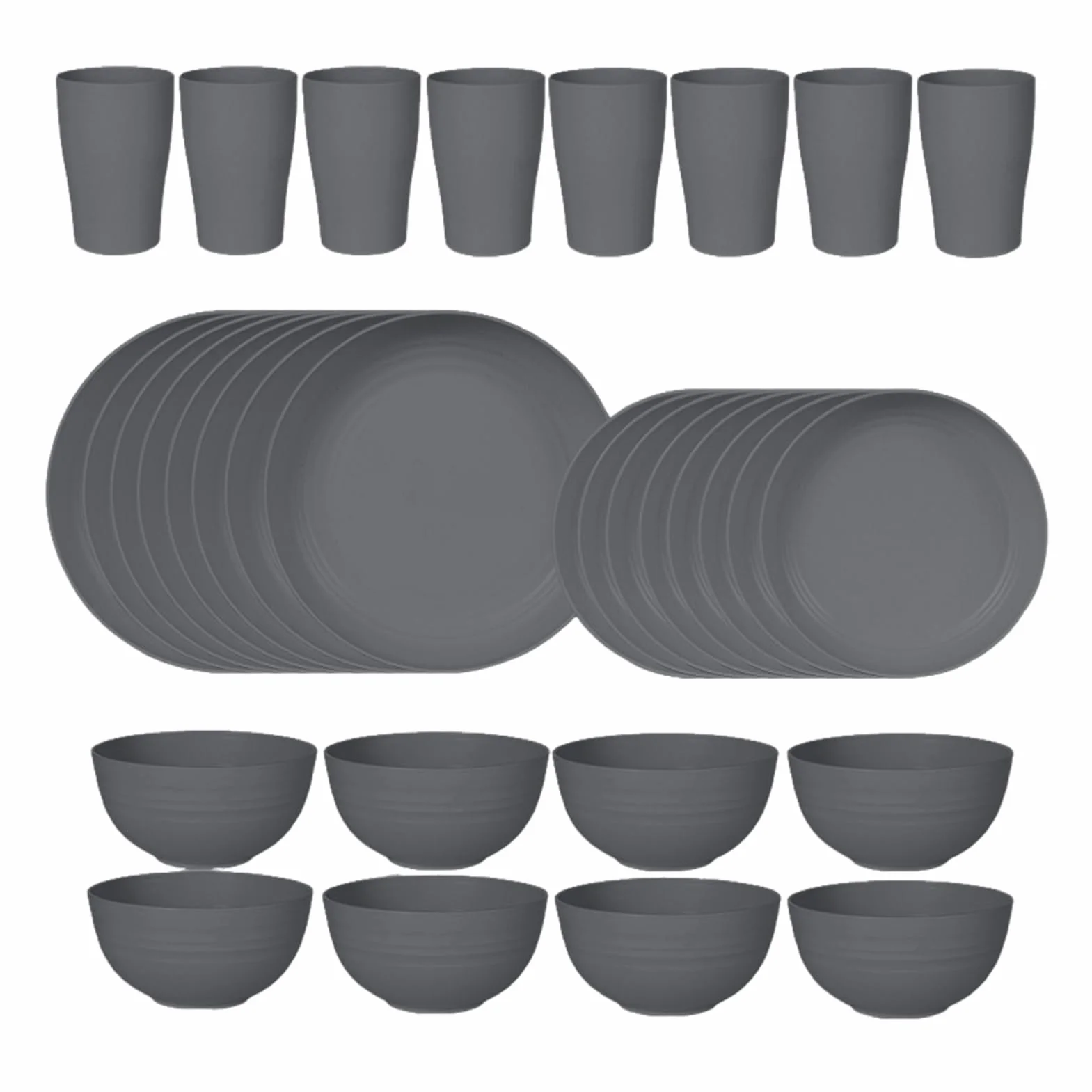 Juego de vajilla de plástico de 32 piezas, platos reutilizables para 8 personas, platos de plástico irrompible para camping, picnics, fiestas, reuniones familiares, gris oscuro