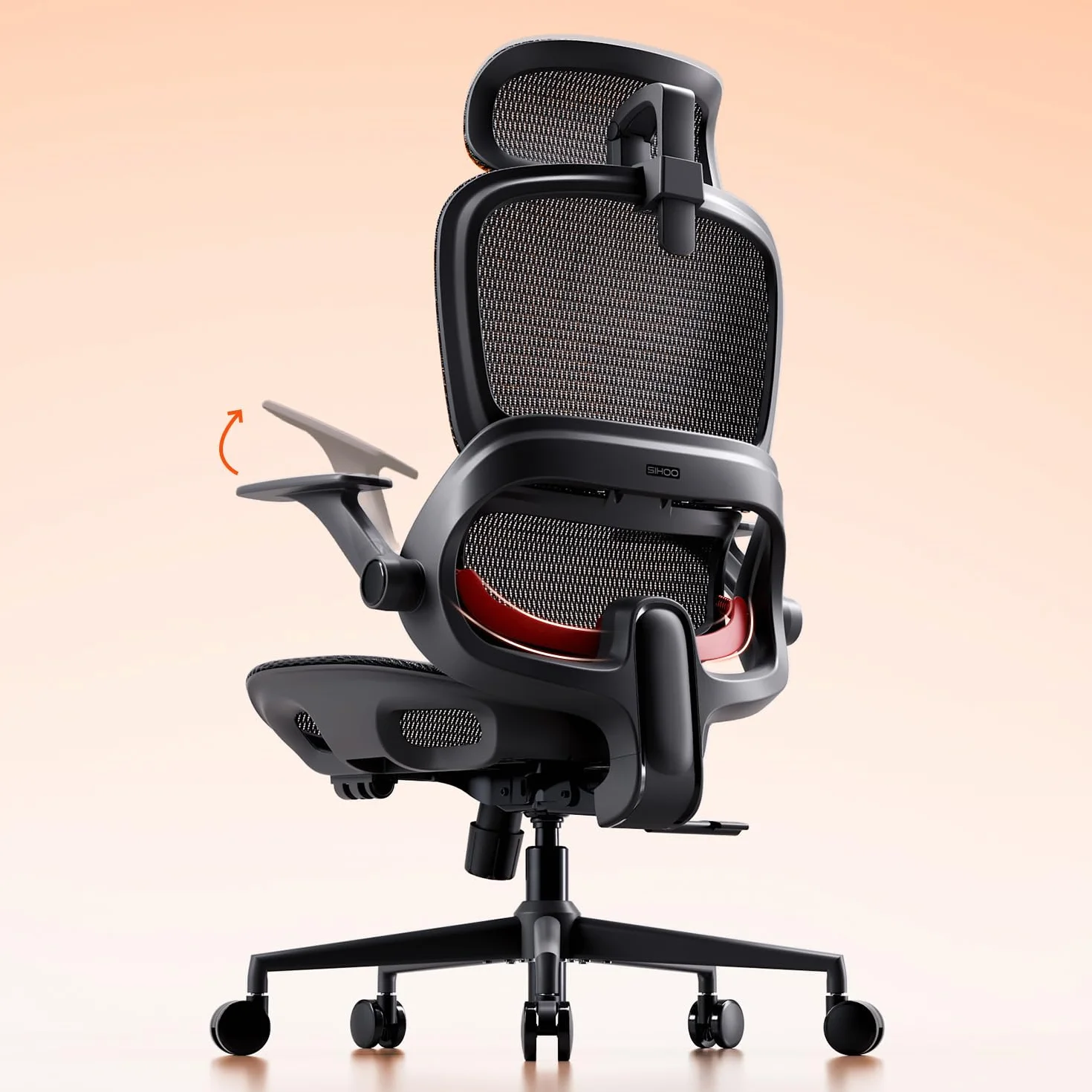 SIHOO Silla de Oficina Ergonómica B100 con Soporte Lumbar, Reposacabezas y Reposabrazos Abatibles, Negra