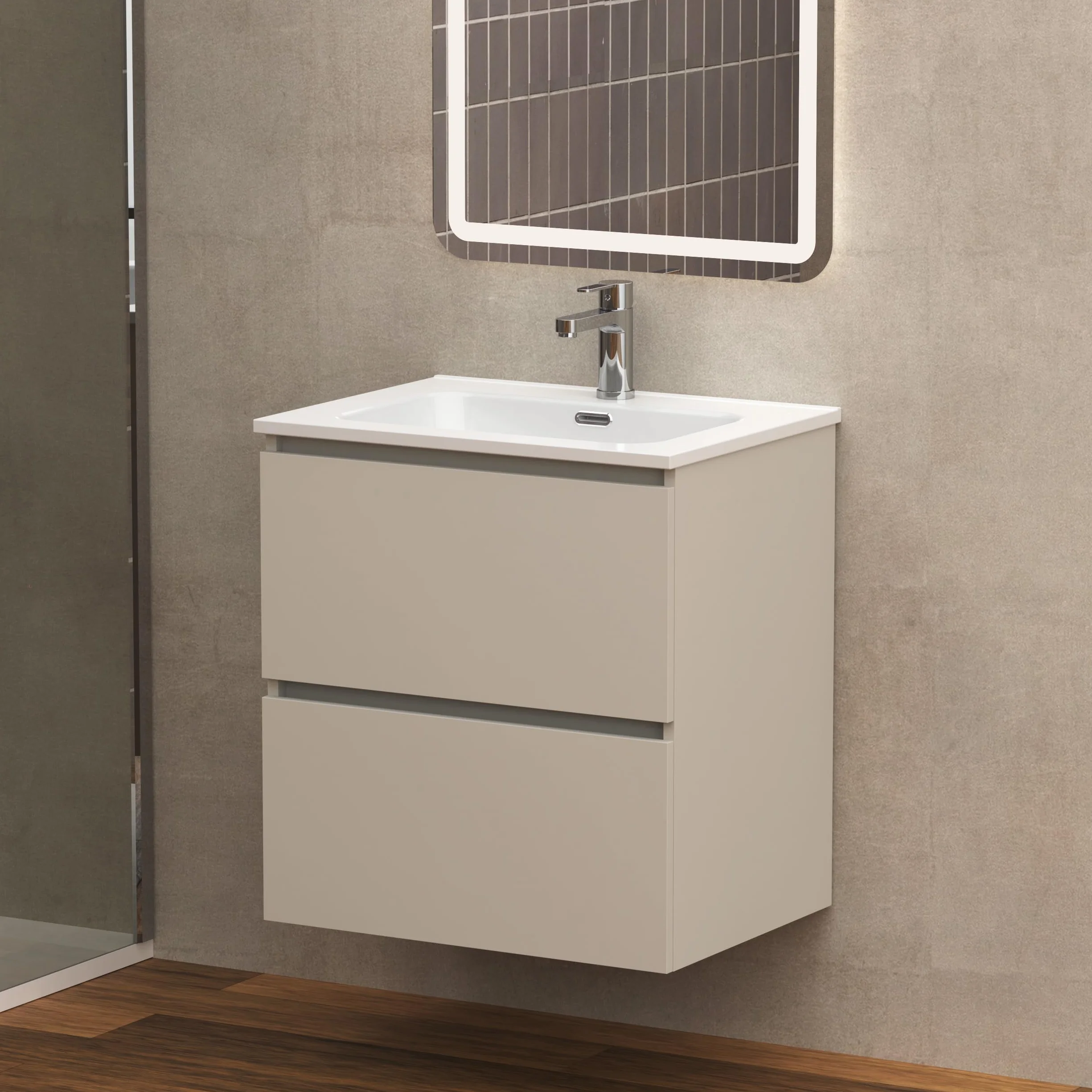 Baikal Mueble de Baño Klay. Mueble MONTADO. 2 Cajones Suspendido con Lavabo. Armario de Baño. Lavabo Ceramico. 70cm Visón.