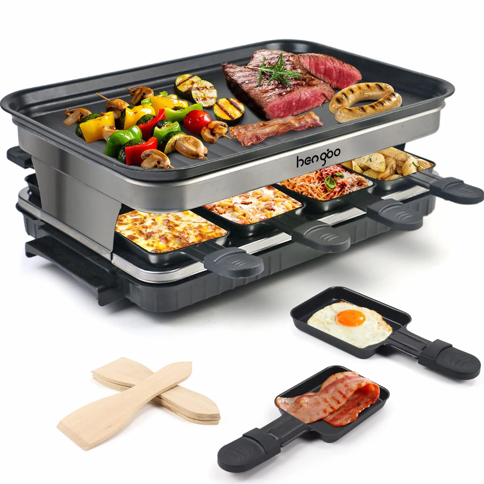 Raclette 8 Personas, Parrilla Electrica Barbacoa, Grill Electrico, 1500W | Con 8 mini-sartenes, plancha grill antiadherente, grill electrico de sobremesa y control de temperatura variable