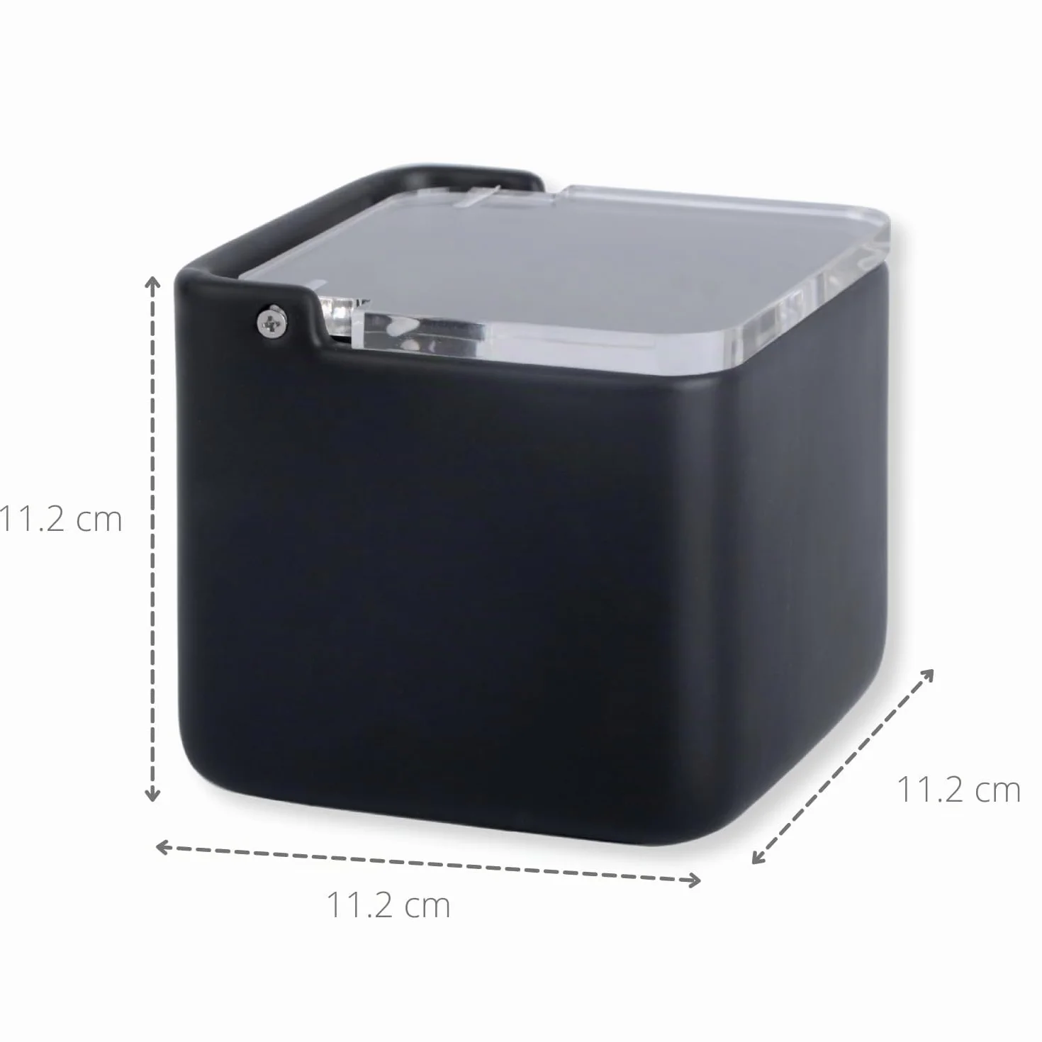 salero de cocina con tapa de acrílico transparente basculante - Saleros negro de cocina modernos con base cerámica para usar como salero y azucarero o especieros, 11.2 x 11.2 x 11.2 cms