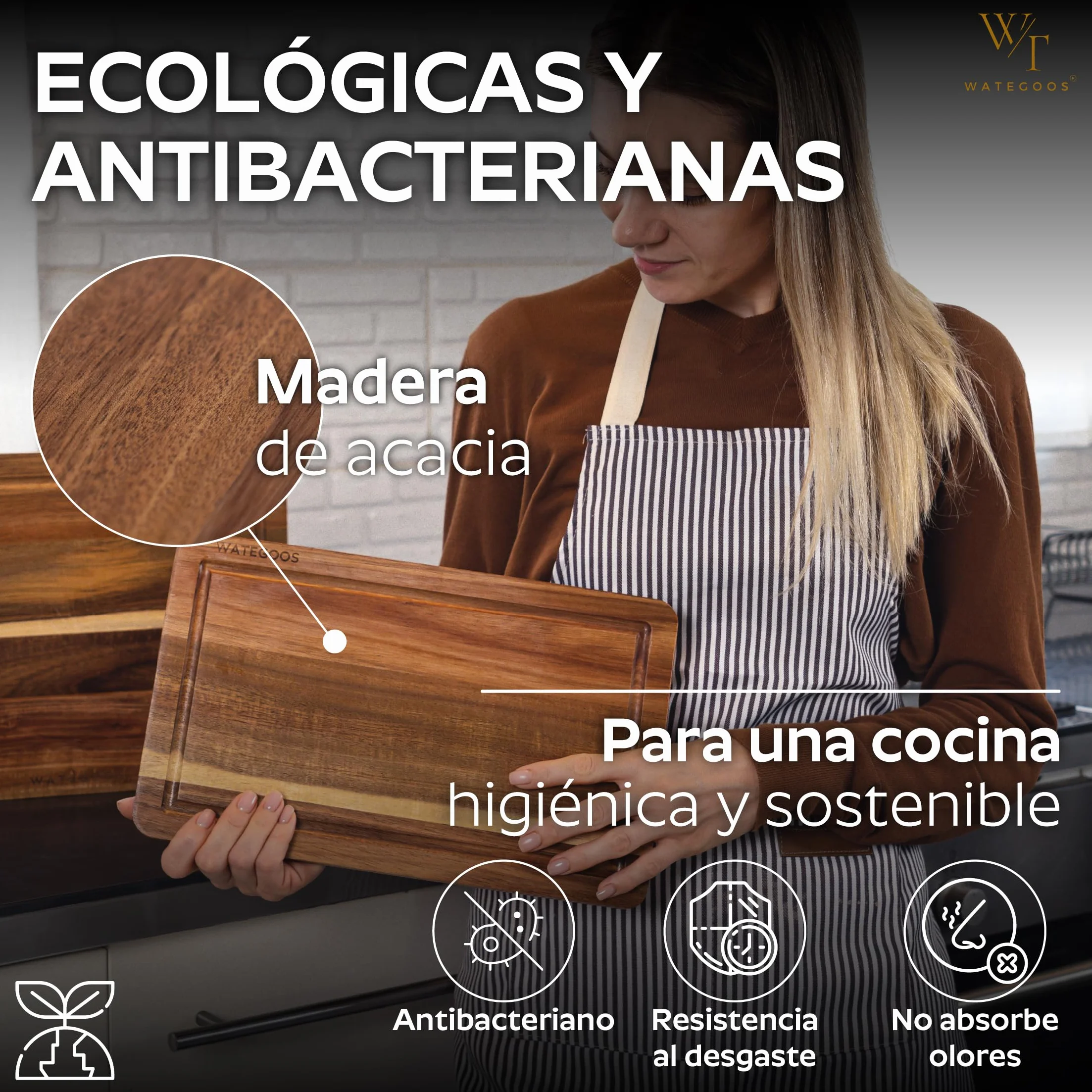 2 Pack Tablas de Cortar Madera Acacia con Soporte para Quesos - Ecológica Resistente Antibacteriana