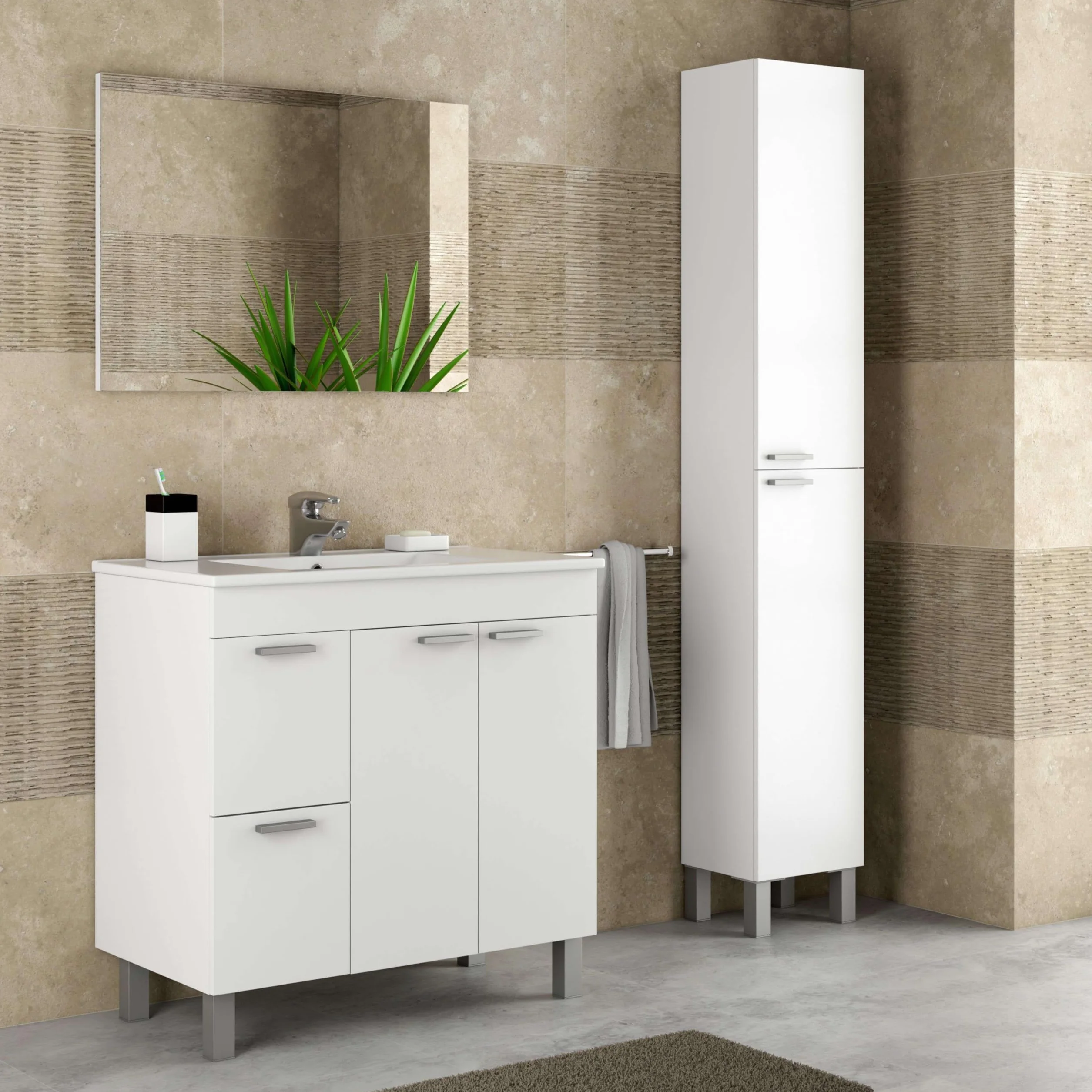 ARKITMOBEL Mueble de Baño con 2 Puertas 2 Cajones y Espejo, Módulo Baño, Color Blanco Brillo, Medidas: 80 x 80 x 45 (Alto x Ancho x Fondo, en centímetros), Modelo Aktiva (Lavabo no Incluido)