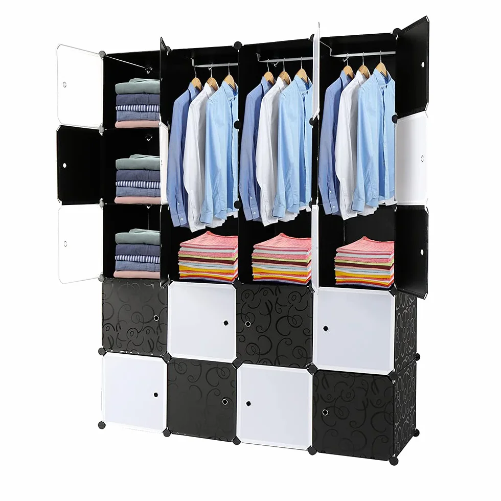 Bonnlo Armario Modular Cubos Estantería 20 Cubos Plástico DIY Barra Colgar 142x47x178 cm Negro Blanco