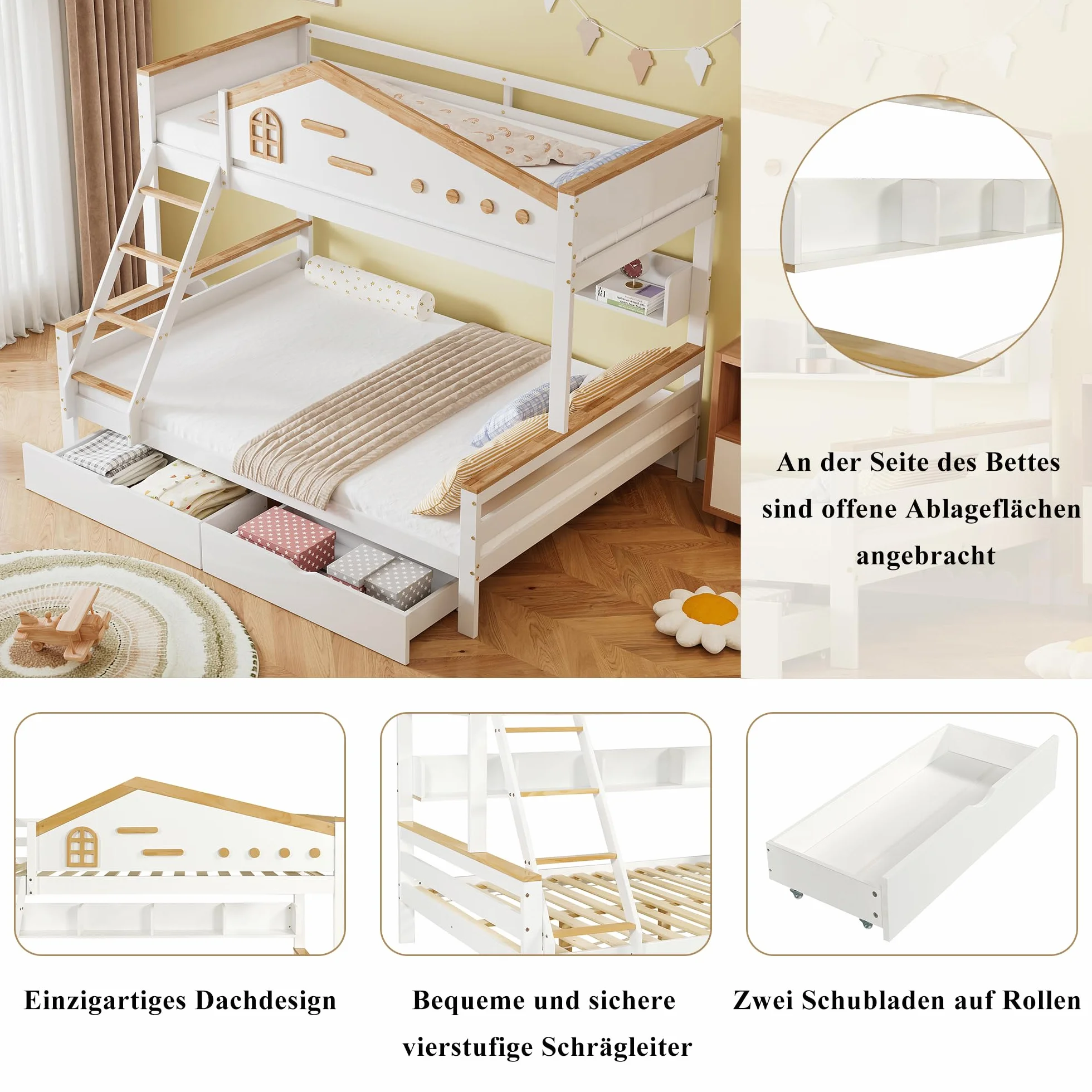 Lubvtti Litera Infantil con 2 cajones,Cama Infantil 90 x 200 cm y 140 x 200 cm,literas Juveniles con Estante Abierto,Estructura de Cama de Matrimonio de Madera Maciza, Blanco + Natural