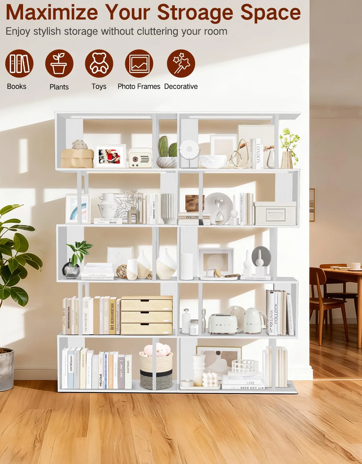 Librería con Forma de S con Luz, 5 Niveles, Control Táctil y Mando a Distancia, Estantería Expositora Autoportante de Estilo Industrial para Salón, Dormitorio y Oficina (70 × 24 × 157 cm)