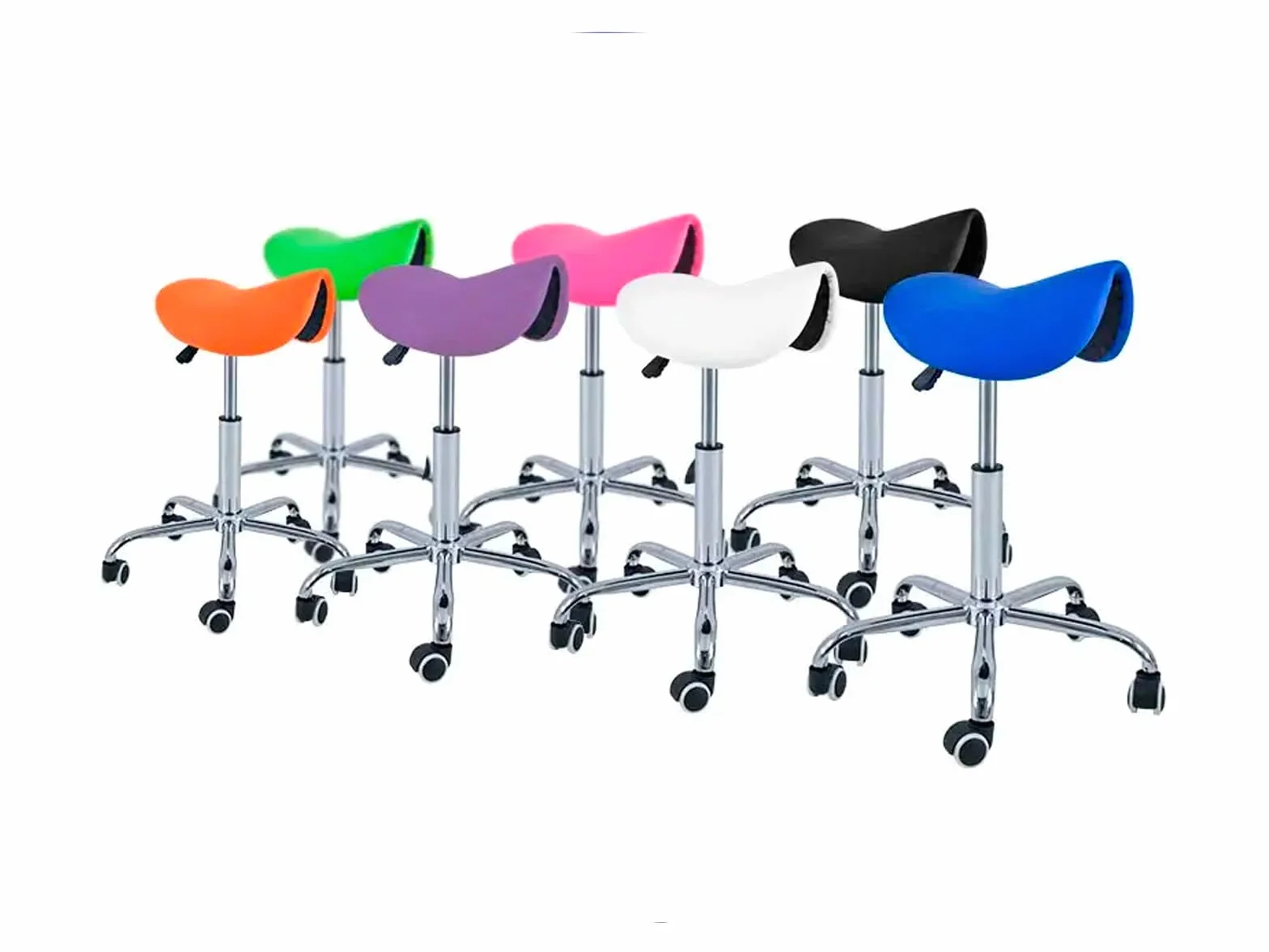 QUIRUMED Taburete Pony 5 Ruedas, Base cromada, Tapizado Polipiel, Regulable Altura, Giratorio, 150 kg