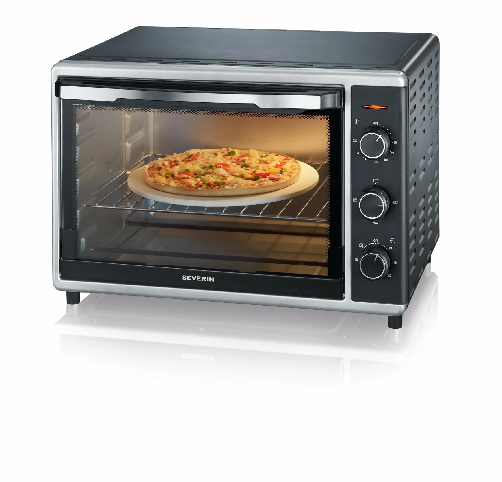 SEVERIN Horno tostador con función de convección, mini horno tostador con grill y bandeja, horno pequeño con piedra para pizza y asador giratorio, 1800 W, 42 L, negro, TO 2058