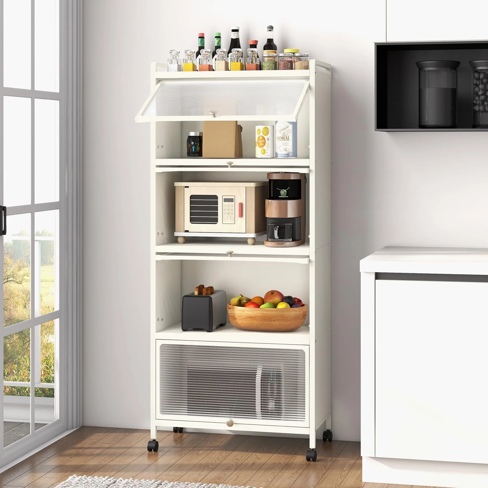 KOMFOTTEU Estantería de Cocina de 5 Niveles, Armario con 4 Ruedas y Puertas Transparentes, Mueble de Almacenamiento de Metal con Dispositivo Antivuelco para Comedor, 60 x 32 x 154 cm (Blanco)