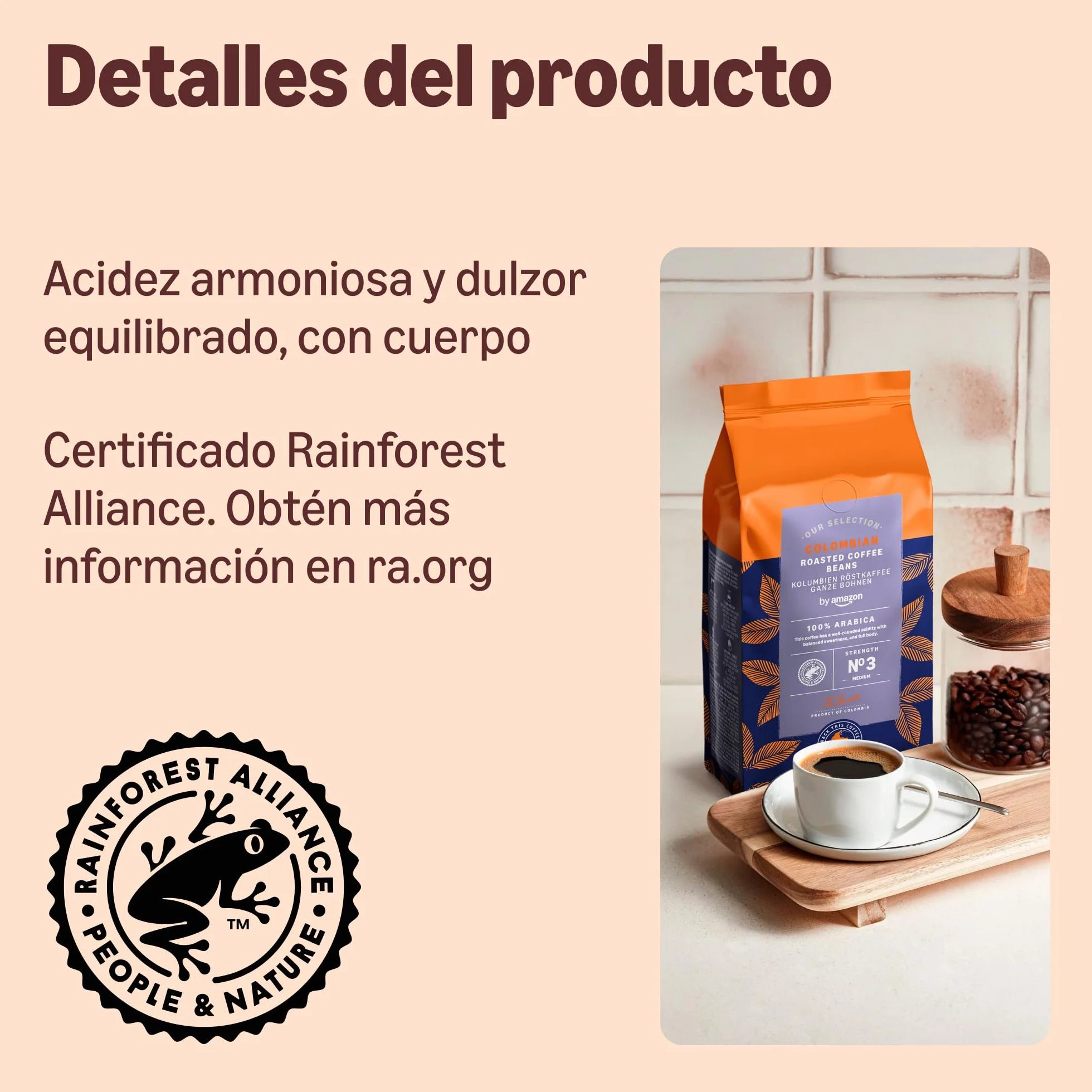 By Amazon Café Colombiano en Grano 100% Arábica Tueste Medio 1Kg Certificado Rainforest Alliance