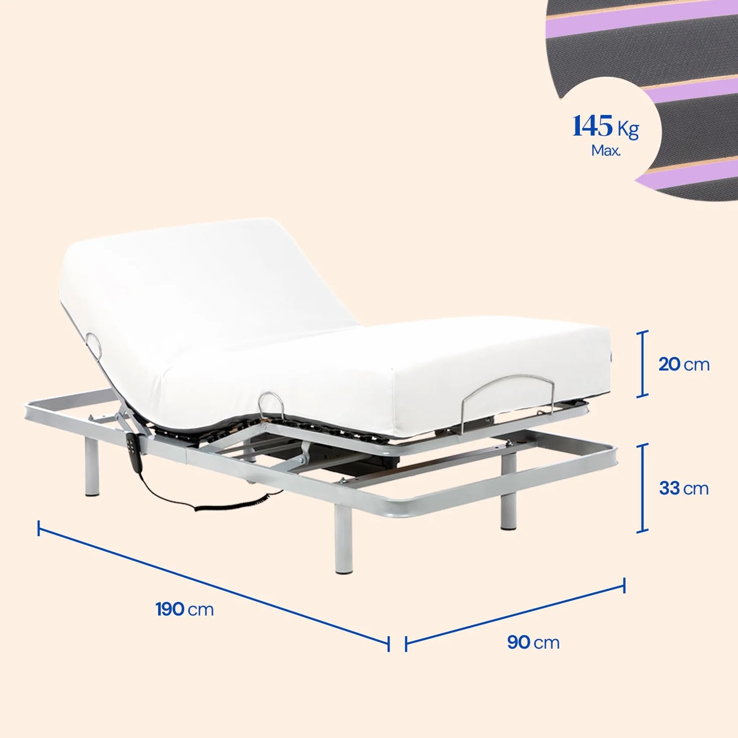 Geriafy – Pack Cama Articulada Reforzada con colchón viscoelástico de 20 cm Tencel | Tejido Fresco y Suave (90x190 cm, Mando por Cable)