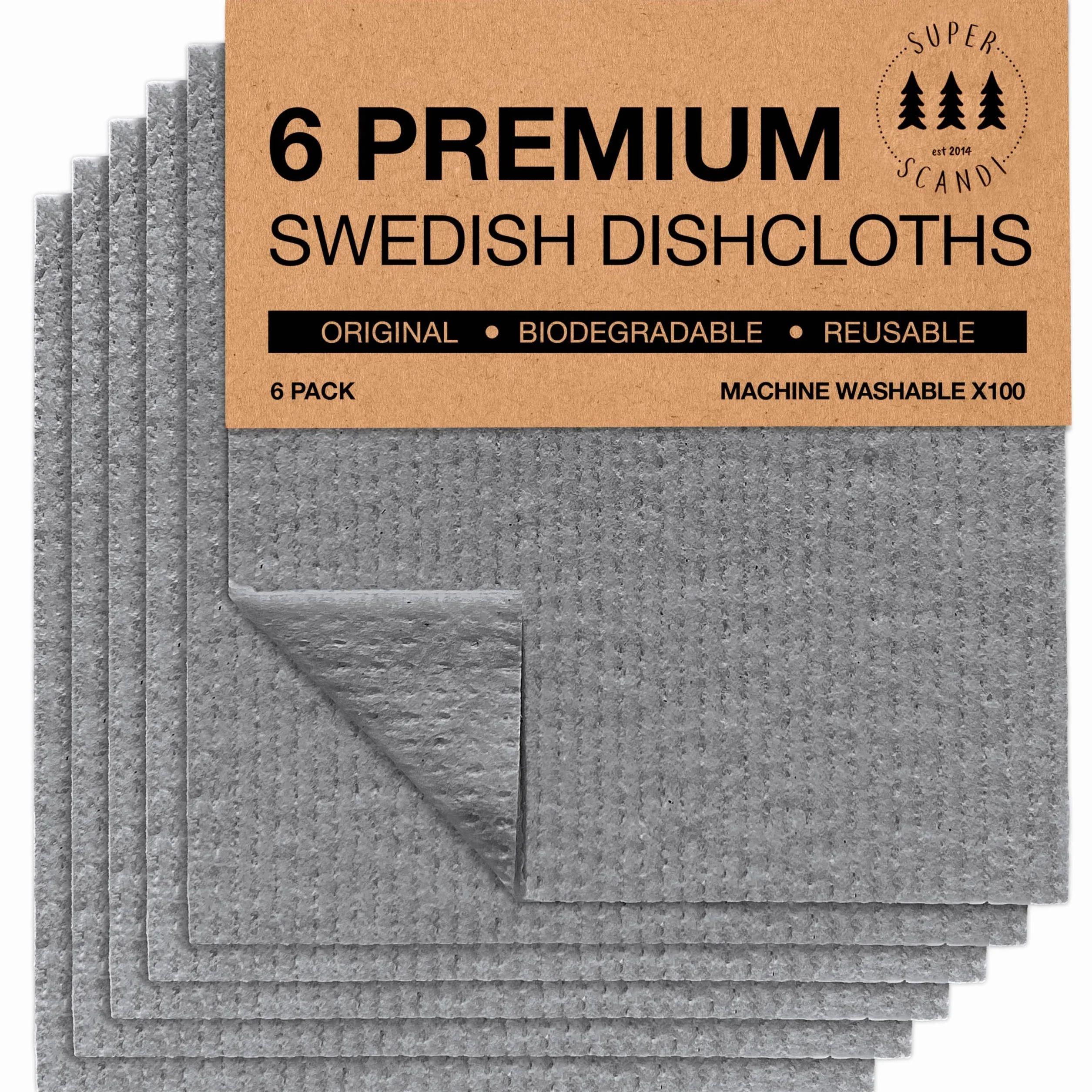 SUPERSCANDI 6 Piezas Paños de Cocina Biodegradables Compostables Reutilizables Sin Plástico Gris