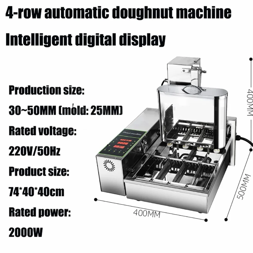 2000w buñuelos comerciales que hace la máquina, 4/6 líneas mini fabricante de rosquillas con panel de control inteligente, espesor de rosquilla de fryer de rosquilla digital Auto Flip