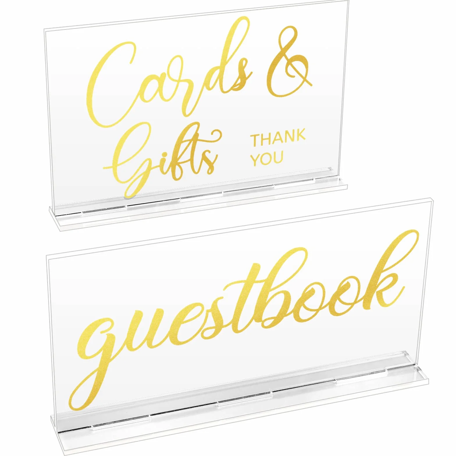 Yulejo Cartel acrílico de recepción de boda, 2 unidades, tarjetas y regalos de boda con soporte rústico para colgar en casa, cabina, playa, fiesta, decoración del hogar, 2 estilos (impresión dorada)